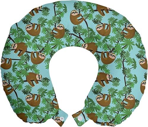 Lunarable Almohada de viaje de animales para el cuello, diseño de perezosos temáticos naturales durmiendo en árboles exóticos en selva tropical,