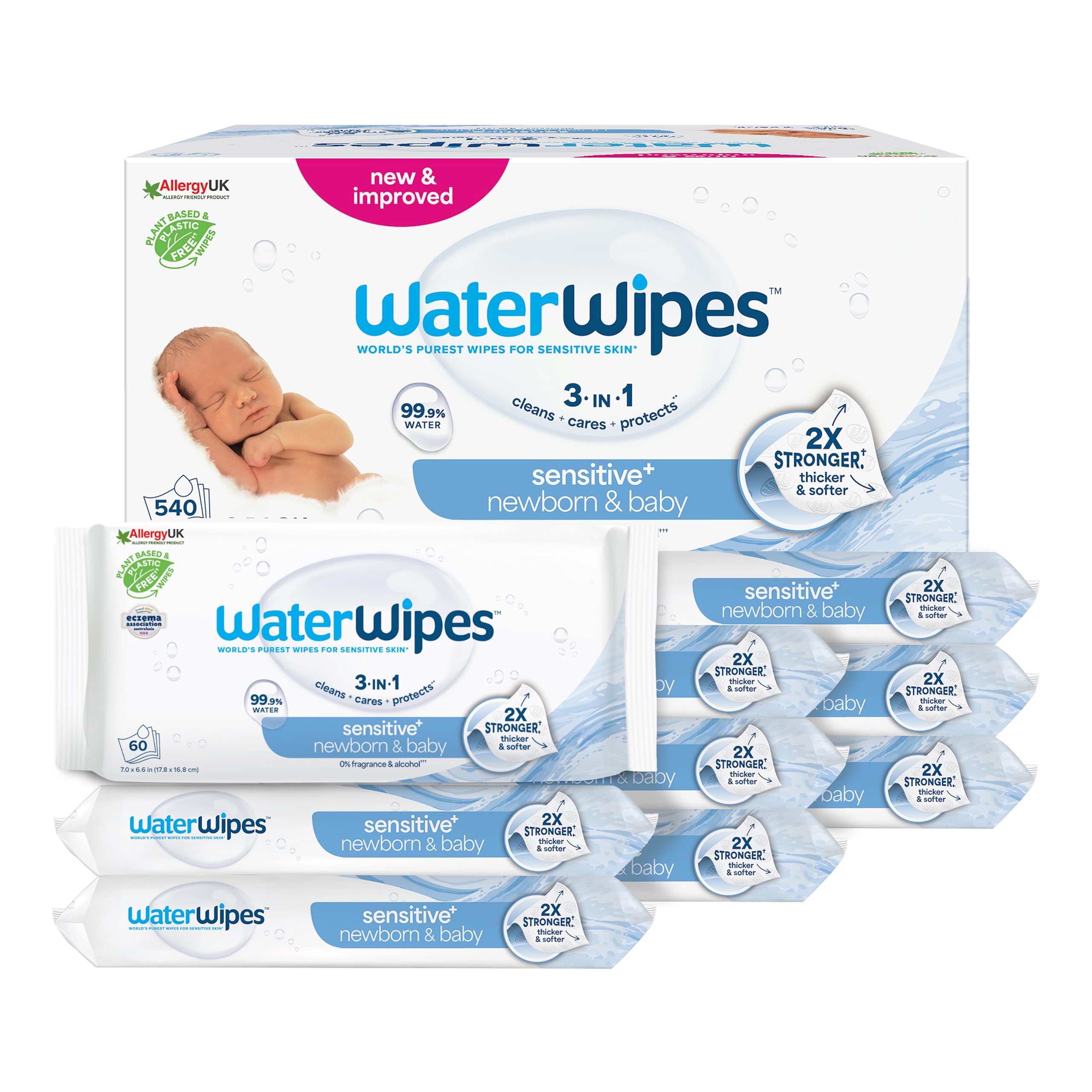 WaterWipesSensitive+ Newborn & Baby Wipes, 540 Count (9 Packs), 3-In-1 Cleans, Cares, Protects, 99.9% Water, Unscented