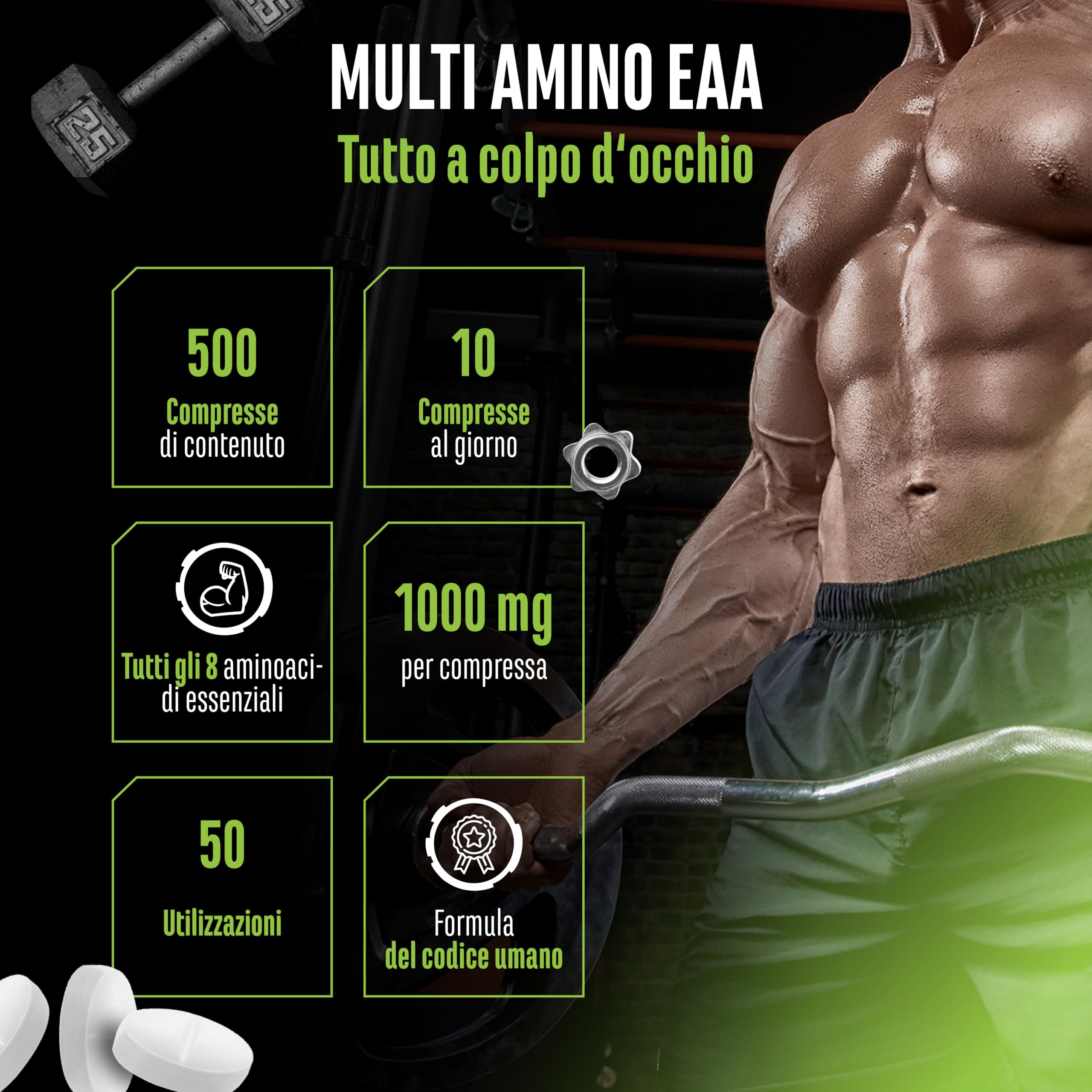Multi Amino-EAA Pattern Code - 500 compresse da 1000 mg ciascuna - Formula Human Code - Tutti gli 8 aminoacidi essenziali - Da fermentazione vegetale - Alto dosaggio - Vegan