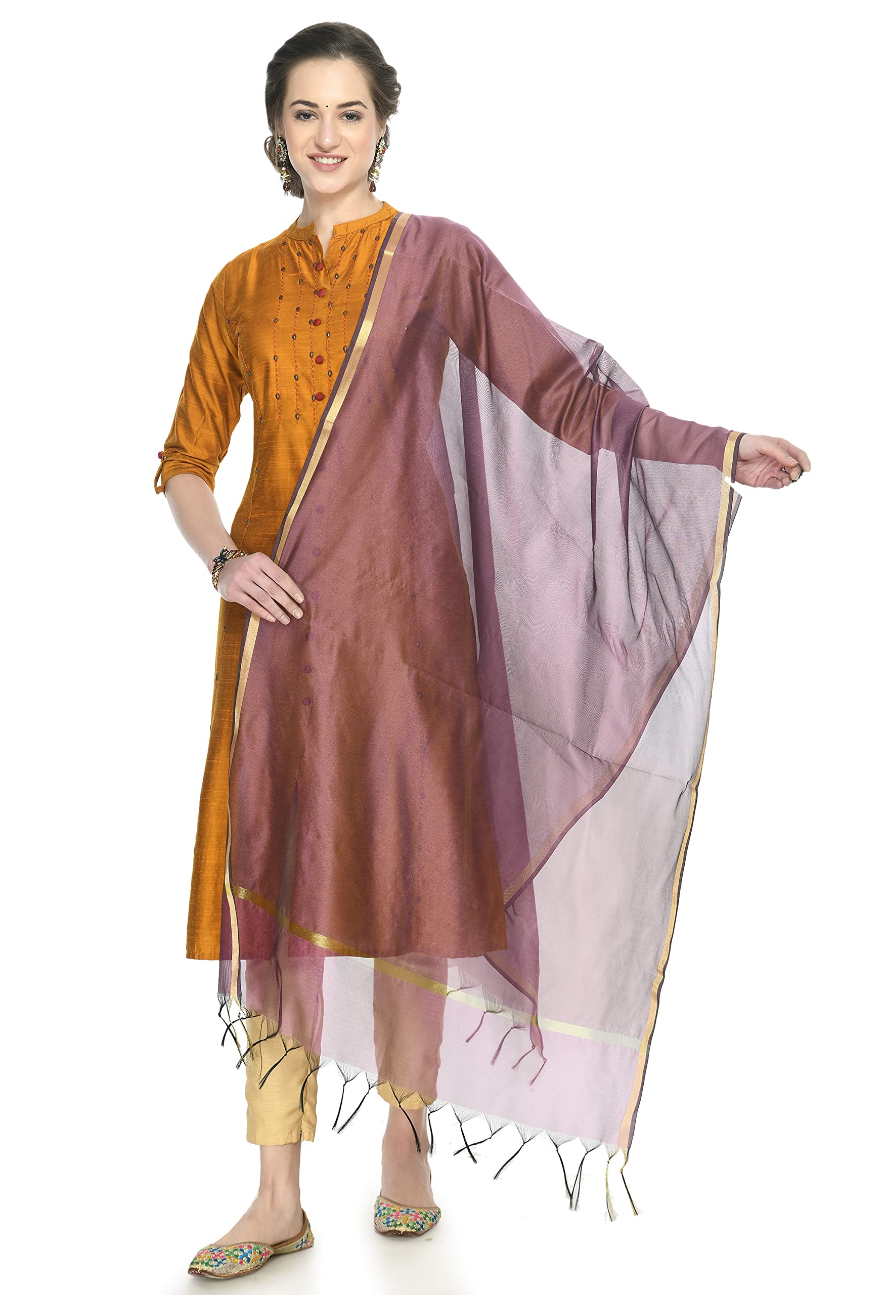 a r silk Women's Golden Border Mouve Colour Chanderi Cotton Regular Dupattas/Chunnis-picture-33