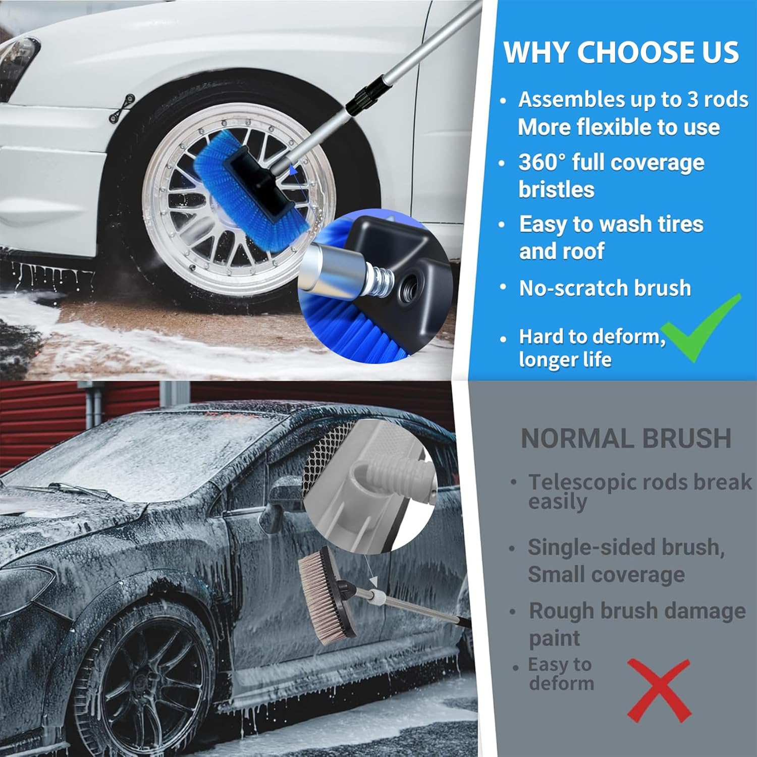 Ultimate RV/Truck Wash Brush Kit – 68" Adjustable Aluminum Pole with Flow-Thru Hose Attachment, Soft Bristles w. Replaceable Chenille Mop Squeegee, Reinforced Connectors – Safe for Car/Truck/RV/SUV