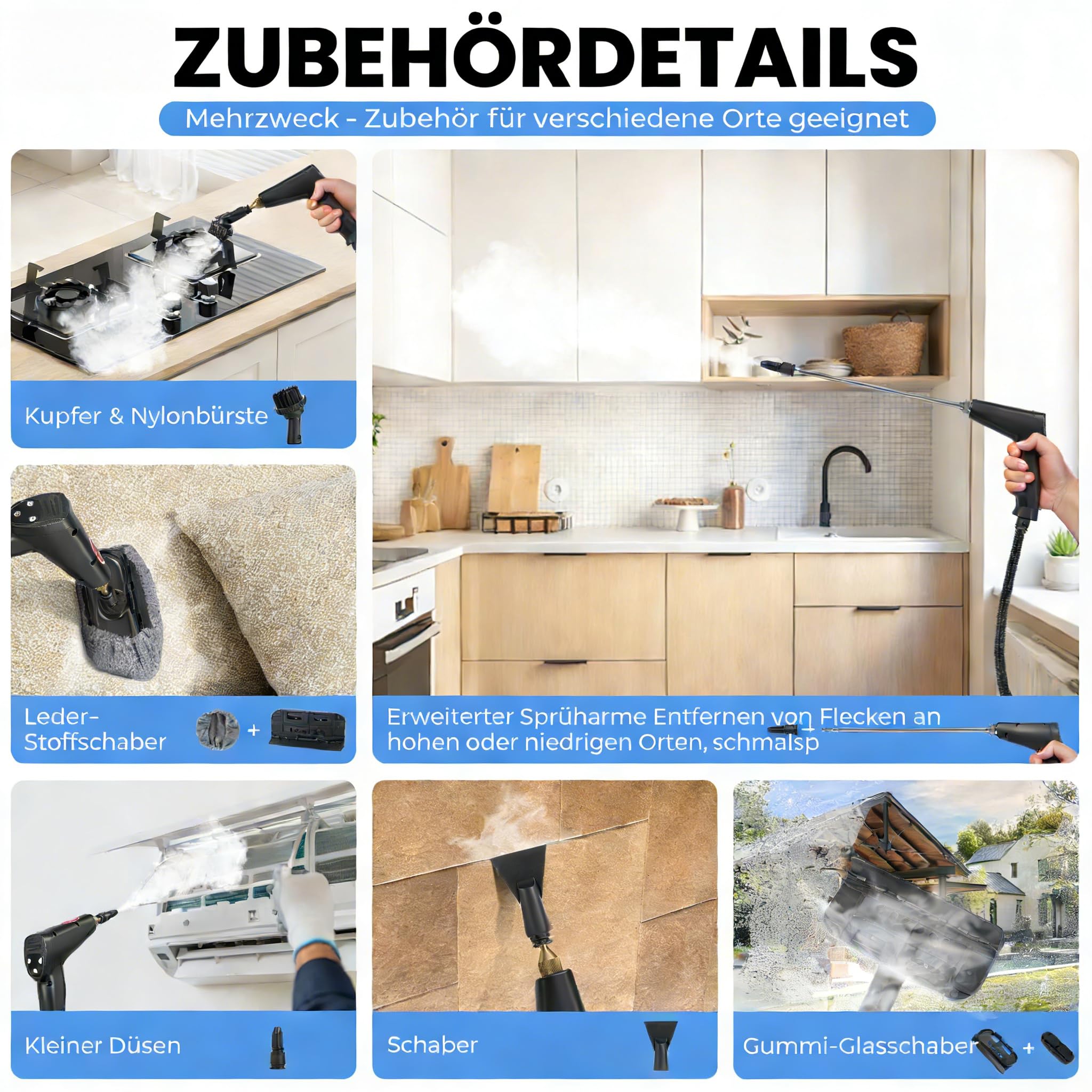 Dampfreiniger Handgerät 2500W für Haus & Auto,Tragbarer Handdampfreiniger mit 6 Dampfstufen,15s Schnelles Aufheizen & 1,7L Wassertank, Multifunktionaler Haushaltsdampfreiniger für Boden Teppich Sofa