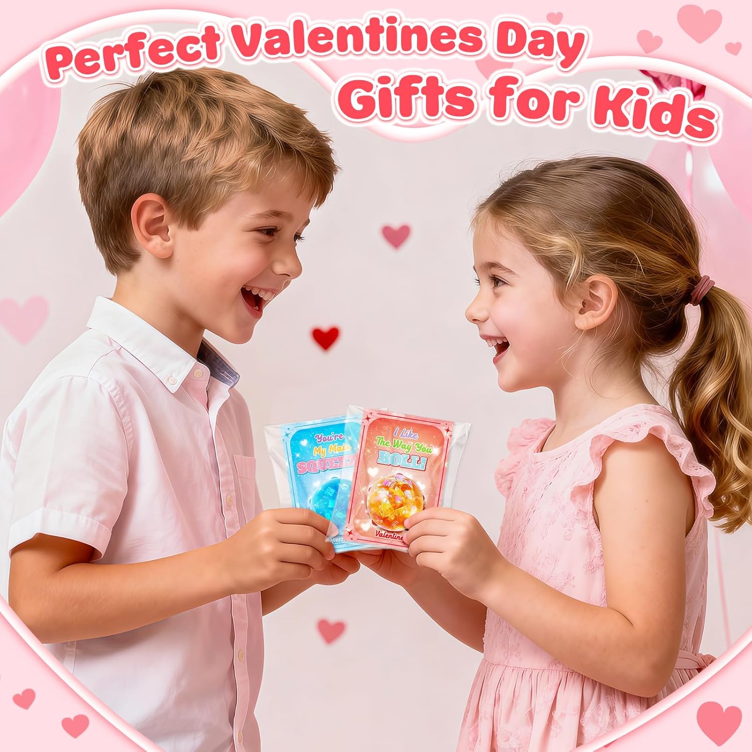 Valentines Day Cards for Kids School - 24 Pack Glitter Stretchy Balls, Valentines Day Gifts for Kids, Squeeze Stress Fidget Toys for Classroom Prize Exchange, Valentine Party Favors for Boys Girls