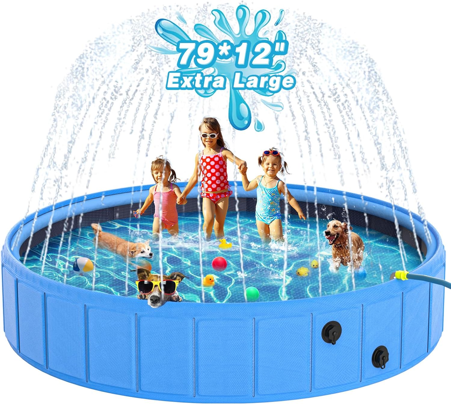EPN Large Foldable Dog Pool – 0.55MM PVC 2-in-1 Portable Bathtub & Sprinkler for Dogs, Cats, Kids – Heavy Duty, Non-Slip, Summer Water Toy (79 in)