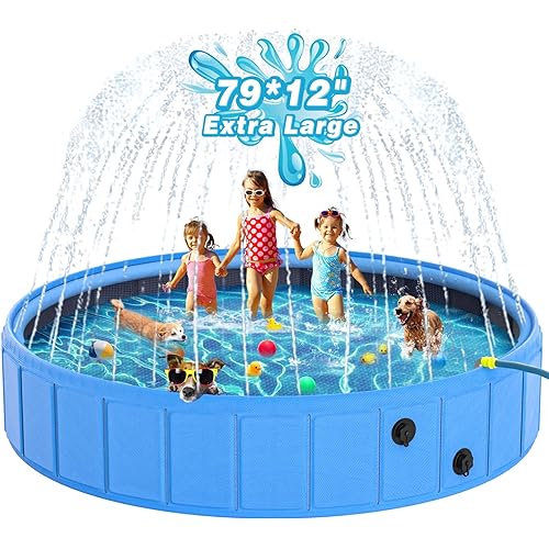 EPN Large Foldable Dog Pool – 0.55MM PVC 2-in-1 Portable Bathtub & Sprinkler for Dogs, Cats, Kids – Heavy Duty, Non-Slip, Summer Water Toy (79 in)