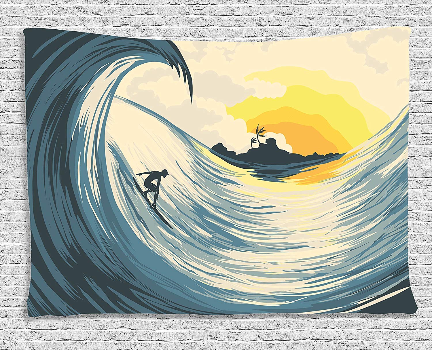 Ambesonne Ocean Tapestry, Illustration of Cloudy Sky Tropical Island Wave and Surfer at Sunset Seascape, Wide Wall Hanging for Bedroom Living Room Dorm, 80