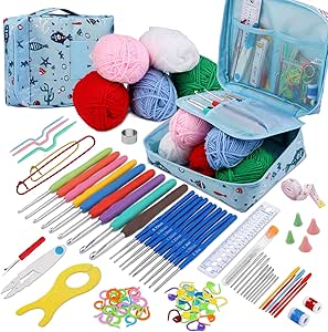LUNARM Crochet Kit for Beginners with Crochet Yarn, 97 Pieces Knitting Kit with Full Size Ergonomic Crochet Hooks and Knitting Tool Supplies for Adult Beginner Crochet DIY Craft