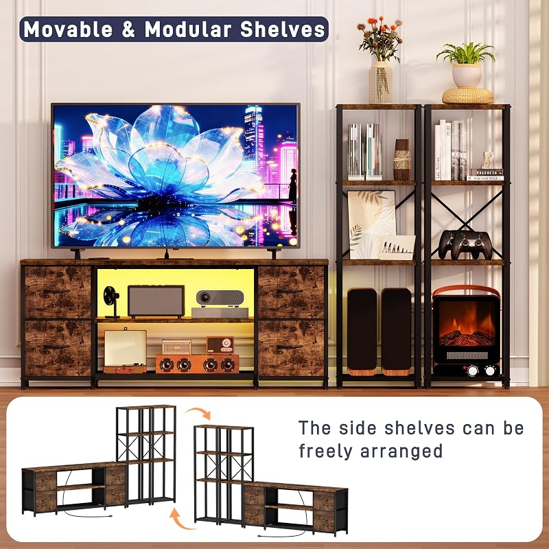 LED TV Stand Entertainment Center Bookshelf Combo with Charging Station image 6