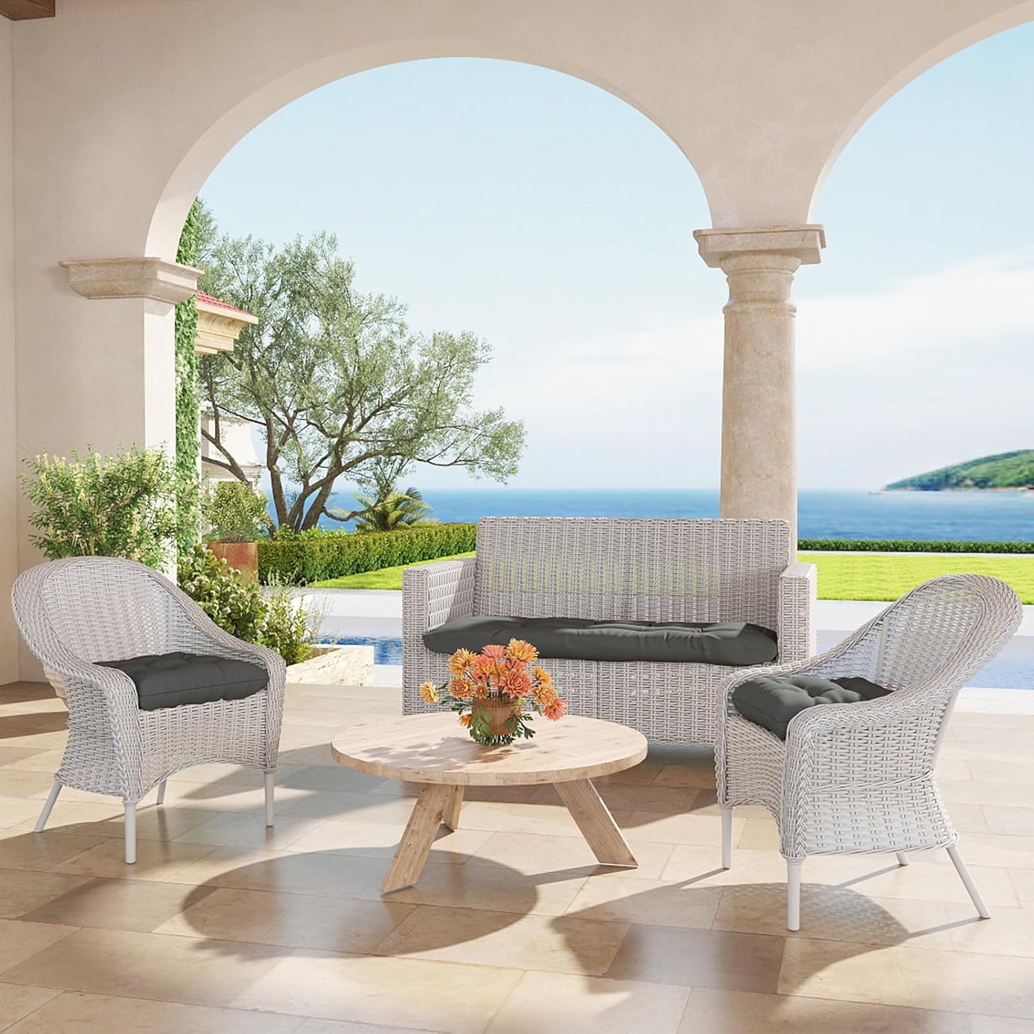 Outdoor Wicker Chair Cushions 3 Pieces for Patio Furniture, 1 Loveseat Cushion 44x22x4 and 2 U-Shaped Cushions 22x22x4, Indoor Outside Use, Fade-Resistant & Waterproof, Dark Gray