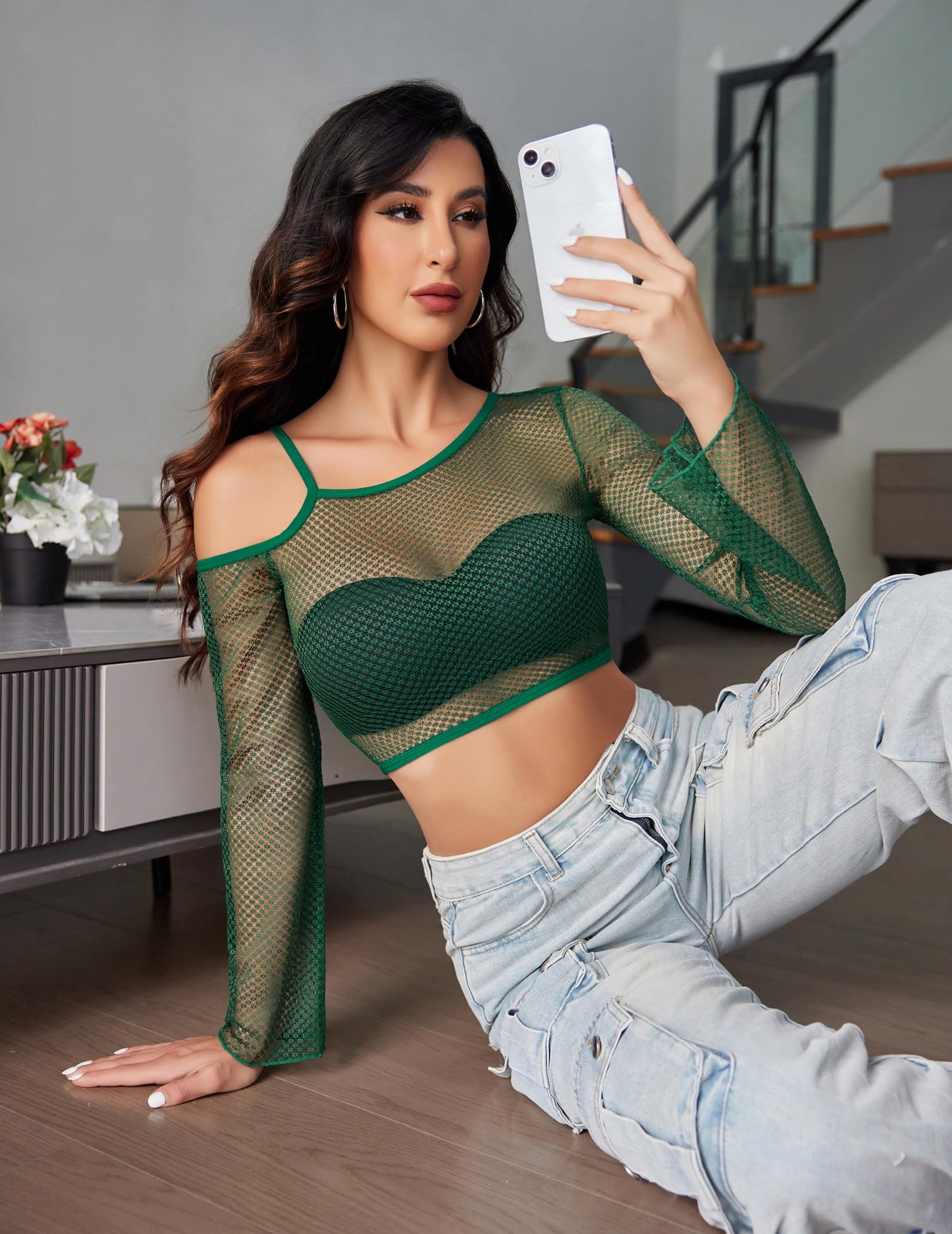 Avidlove Mesh Crop Tops for Women Long Sleeve Fishnet Shirt See Through Tops Rave Outfits Party Clubwear: Green Small