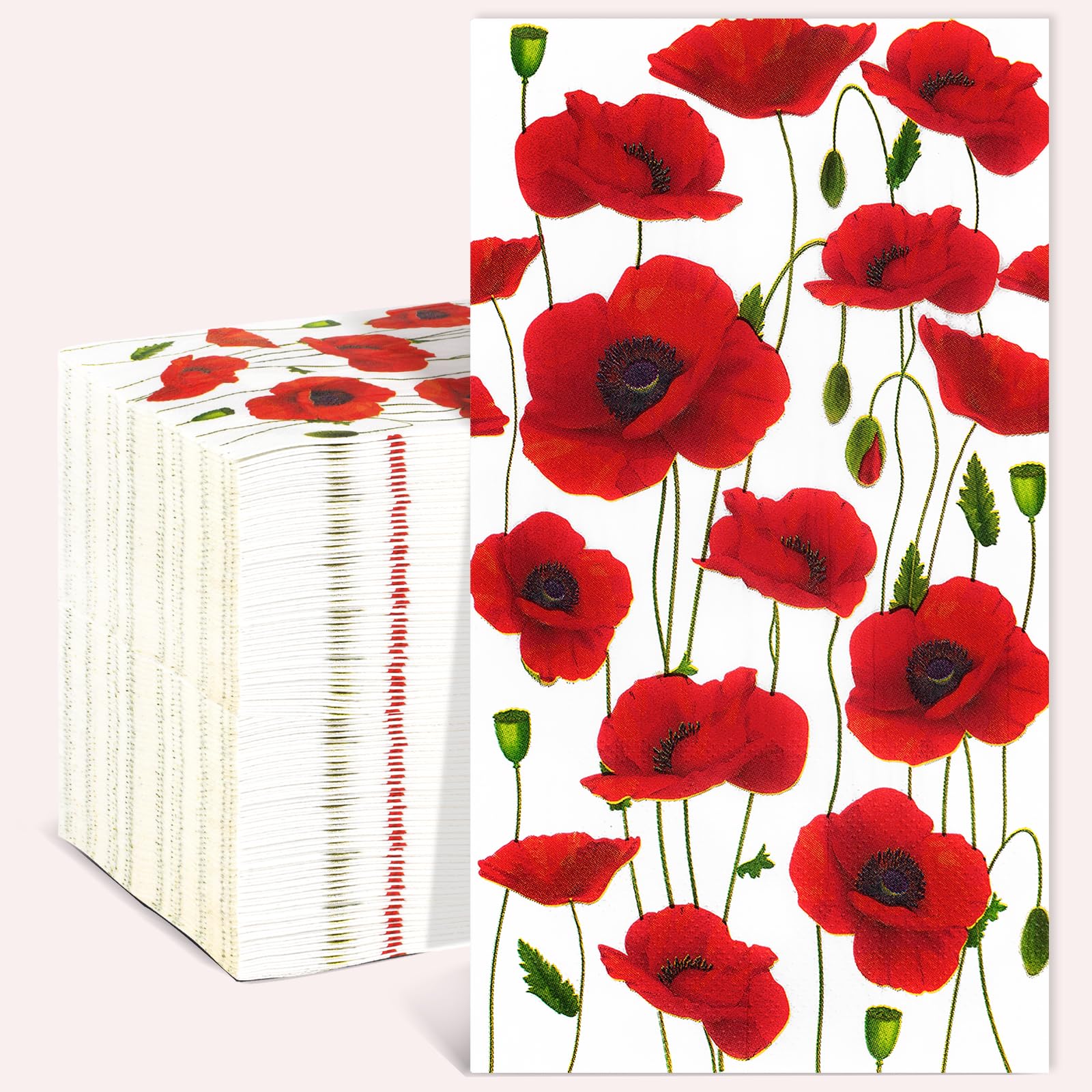 Homlouue 100PCS Red Poppies Floral Napkins, 3 Ply Guest Towels Disposable Bathroom, Floral Paper Napkins Disposable, Flower Party Paper Napkins