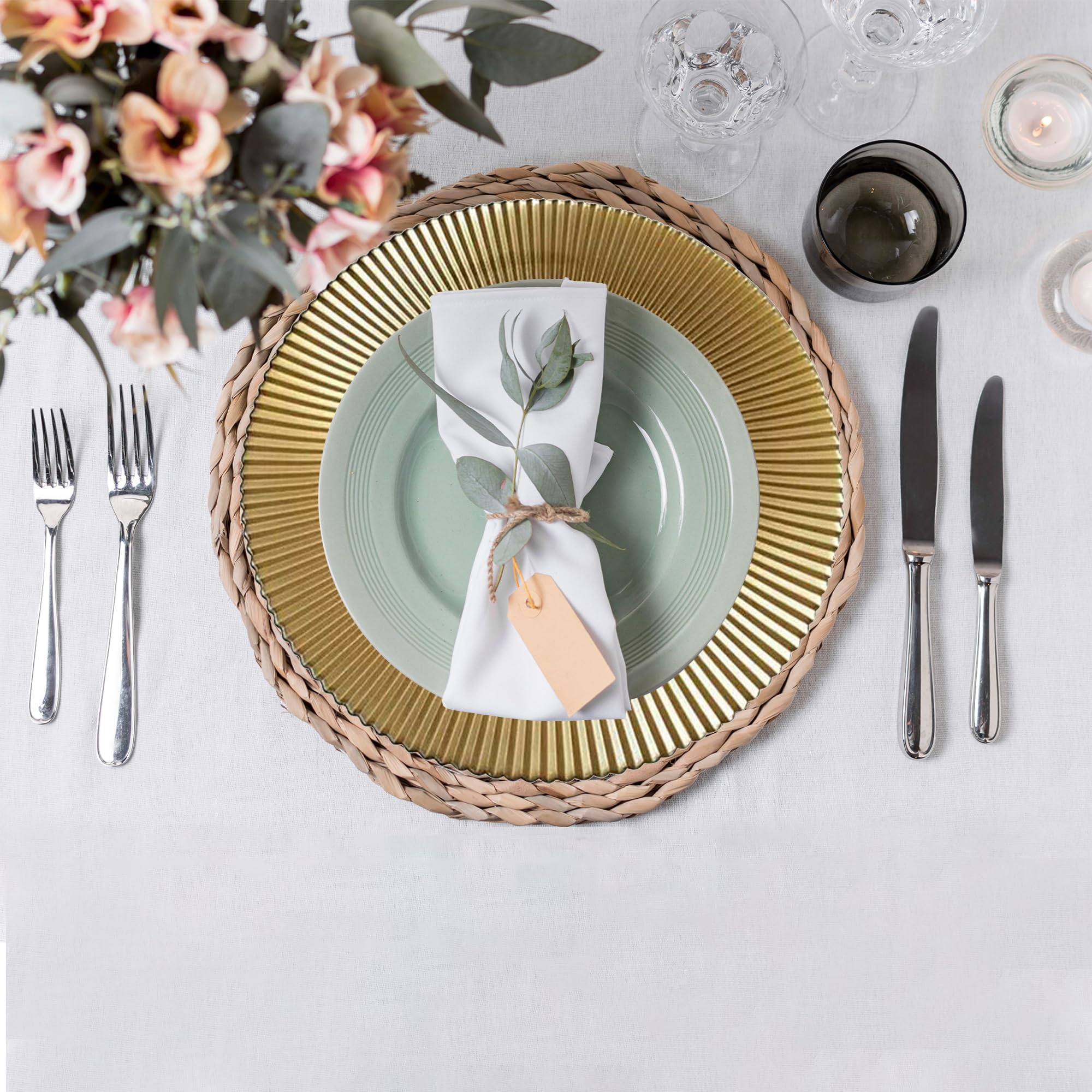 Platos de carga dorados con borde acanalado, 33 cm, elegantes placas inferiores de polipropileno para bodas, fiestas, aniversarios, cumpleaños, vajilla, eventos de catering y eventos especiales, juego