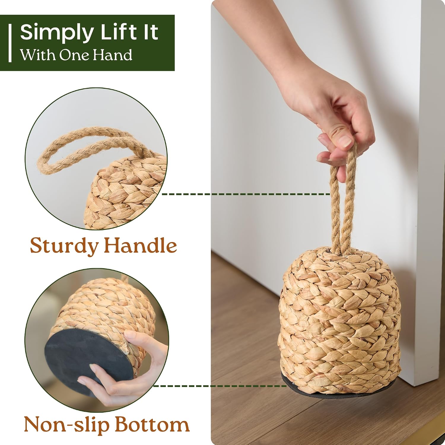 Condition photo showing As Is for chi an home 4.4lbs natural door stopper for bottom of door decorative heavy duty door stop with handle wicker cute door stopper for modern farmhouse water hyacinth home decor 4.7" d x 6.3" h