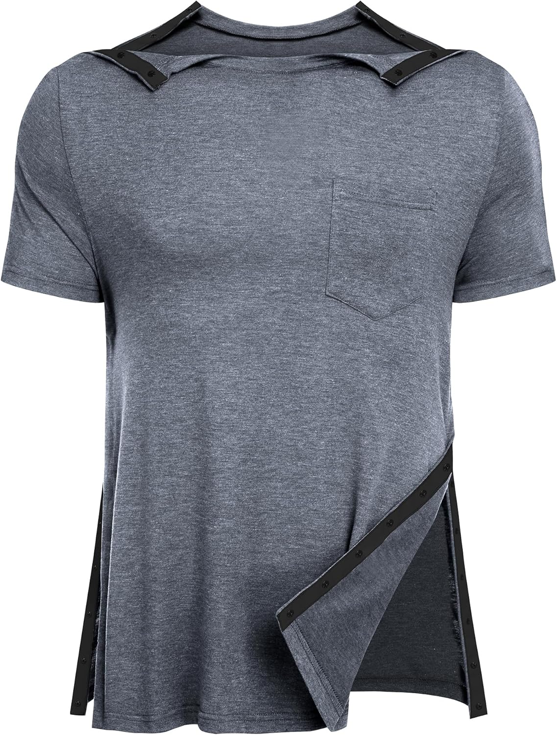 URRU Men's Post Shoulder Surgery Shirts Recovery Full Tear Away Short Sleeve Snap Chemo Shirts for Port Access