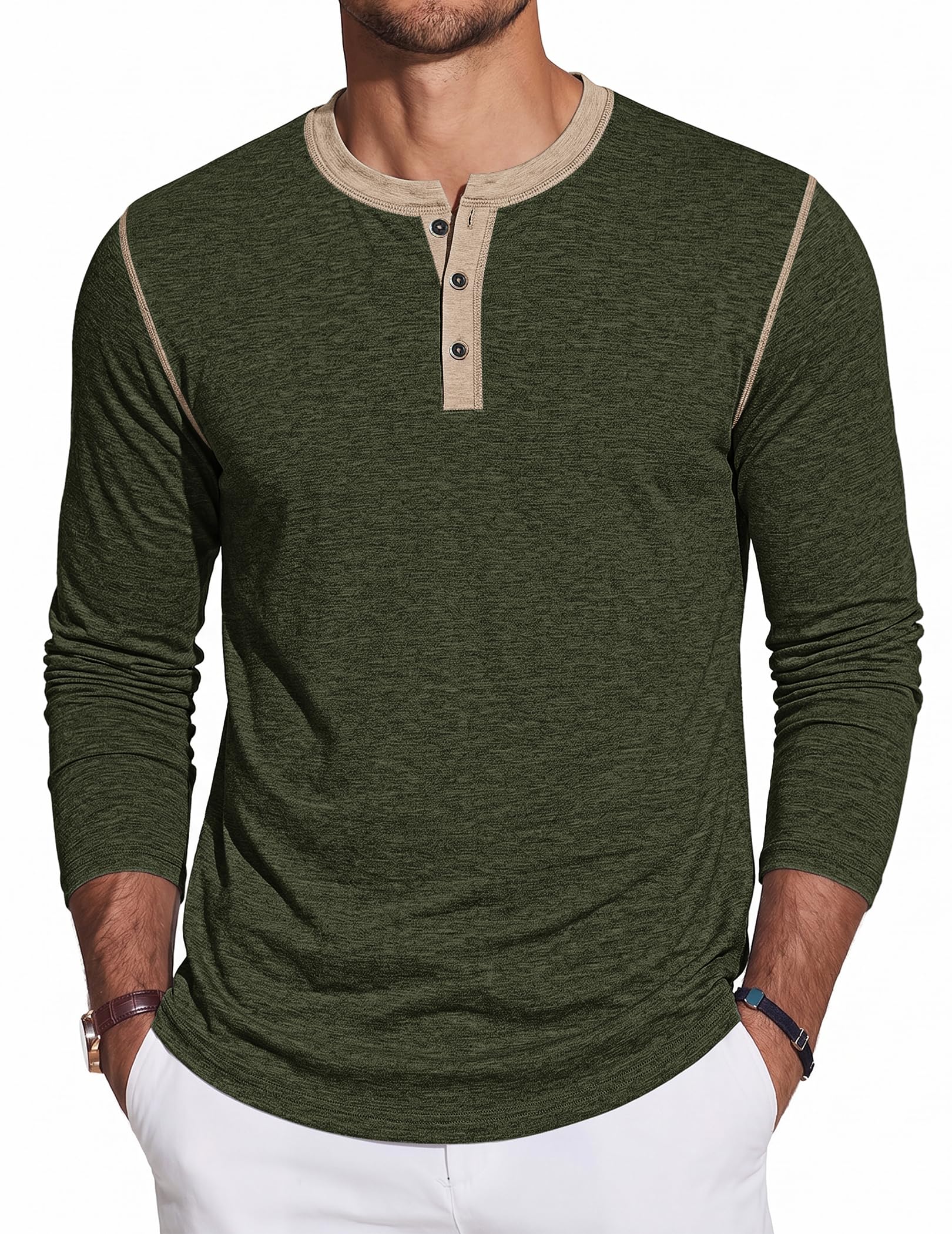 TARAINYA Henley Langarmshirt Herren Baumwolle Longslevee M-4XL | 95% Baumwolle 5% Elasthan, Mittlerer Stretch, Henley 3-Knopfleiste, Kontrastbesatz, Regular-Fit, Ganzjährig