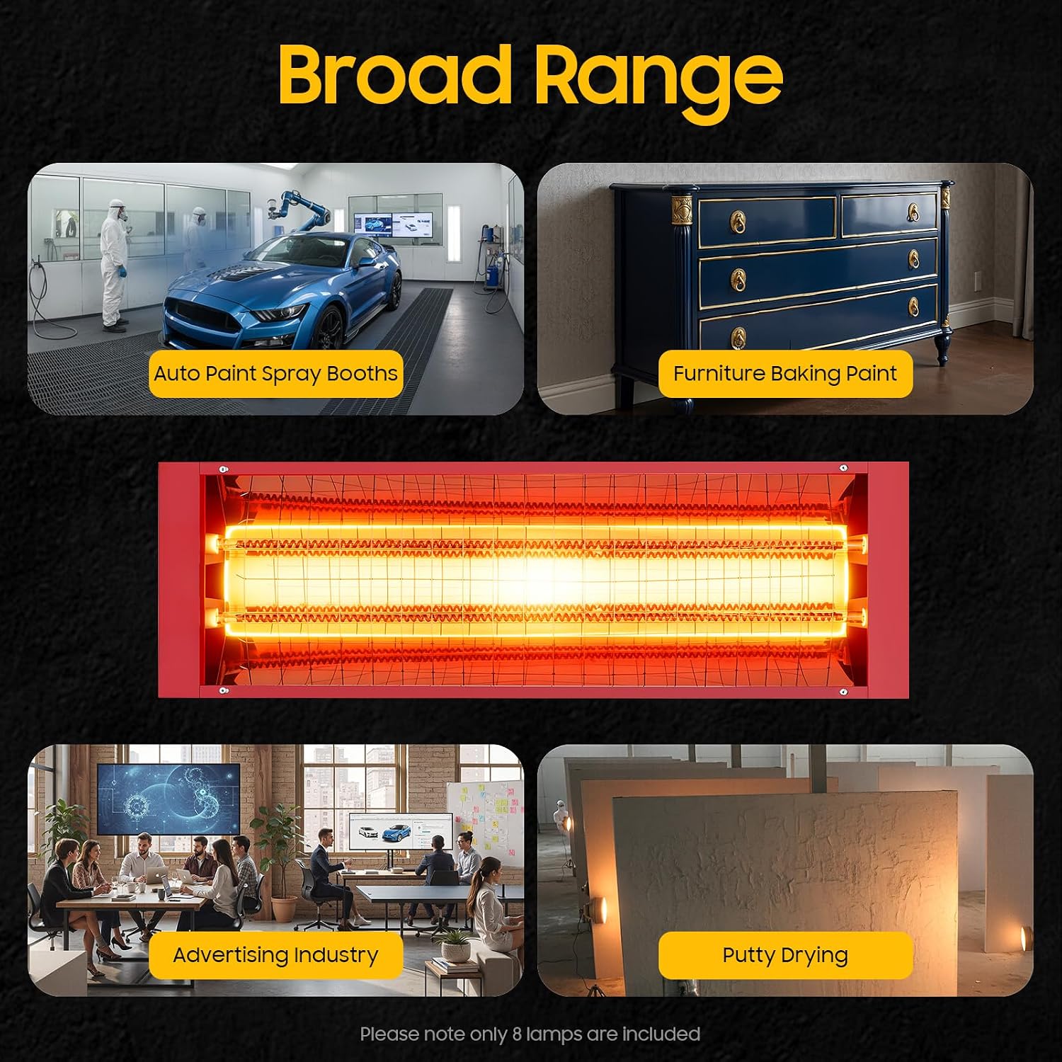 8pcs Baking Infrared Paint Curing Lamp,2000W Auto Heating Car Curing Light w/ Bracket,5.17 sq.ft Area Spray Baking Booth Heaters for Automobile,Furniture Paint Booths,Repair Paint Curing Systems