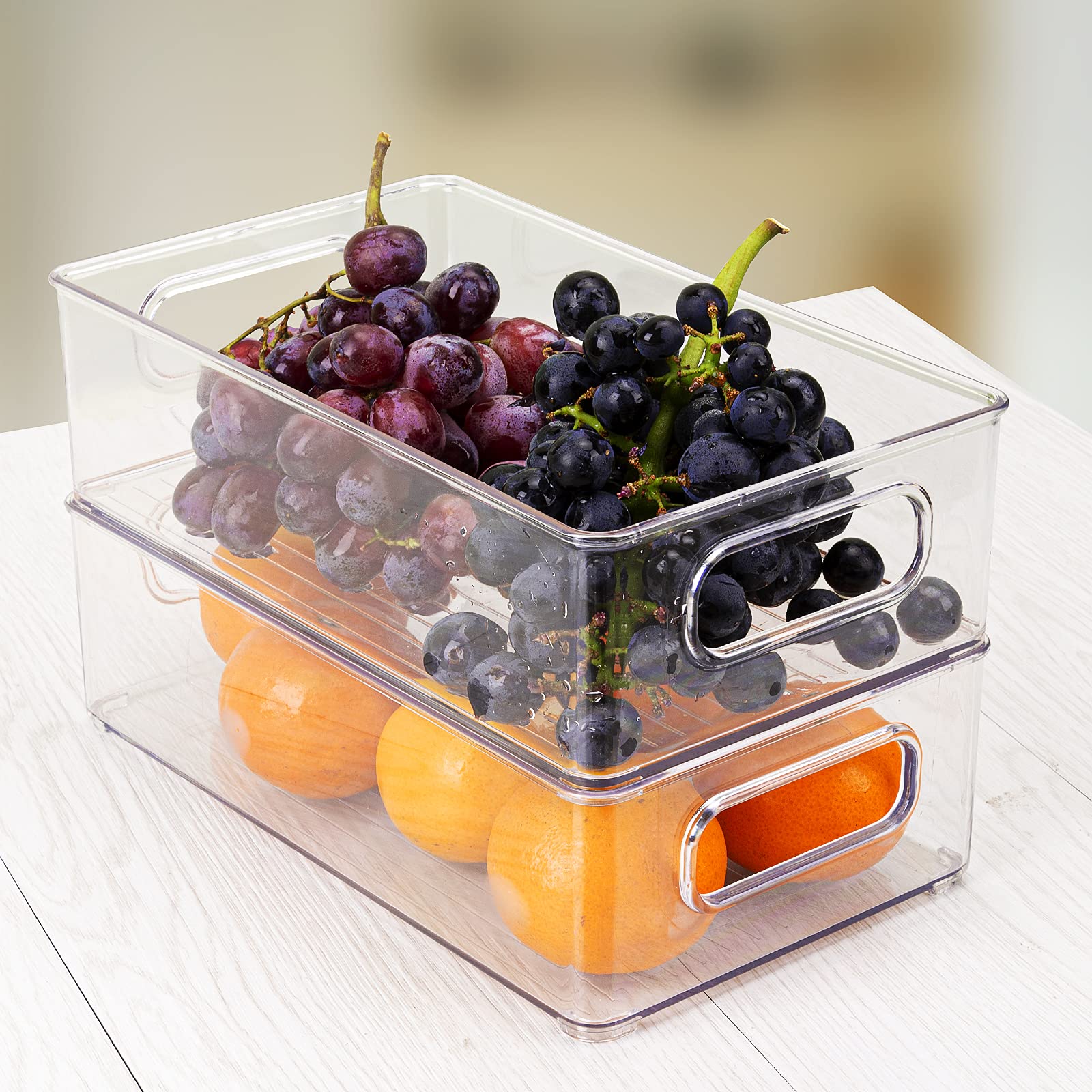 FINEW Set di 6 Organizer per Frigorifero (4 Grandi/2 Medi), Contenitore di Alta qualità con Manico, Contenitore Trasparente, Ideale per Cucina, Frigorifero, armadietti -BPA
