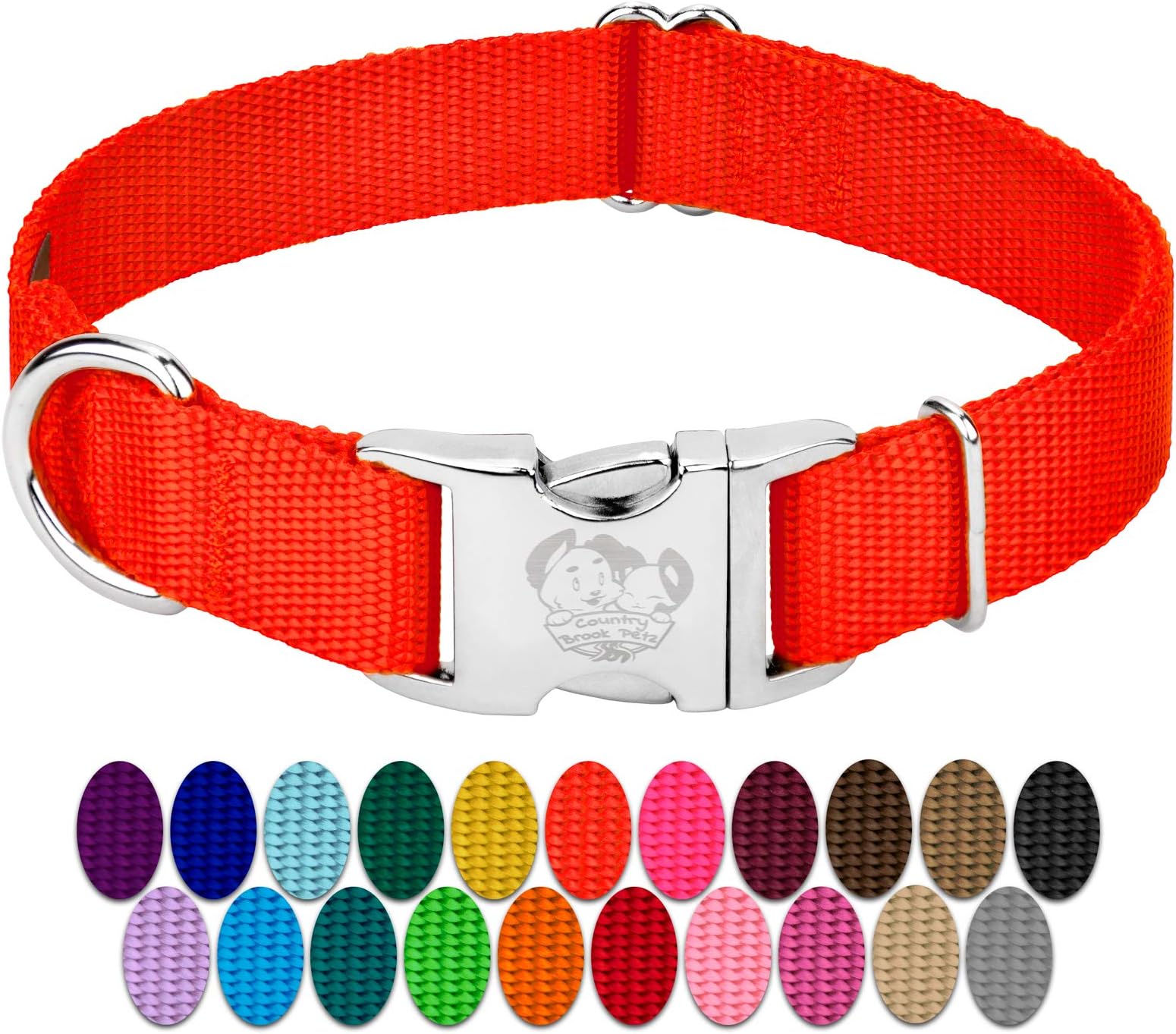 Country Brook Petz - Premium Nylon Dog Collar with Metal Buckle for Small Medium Large Breeds - 10+ Warm Colors (Large, 1 Inch, Hot Orange)