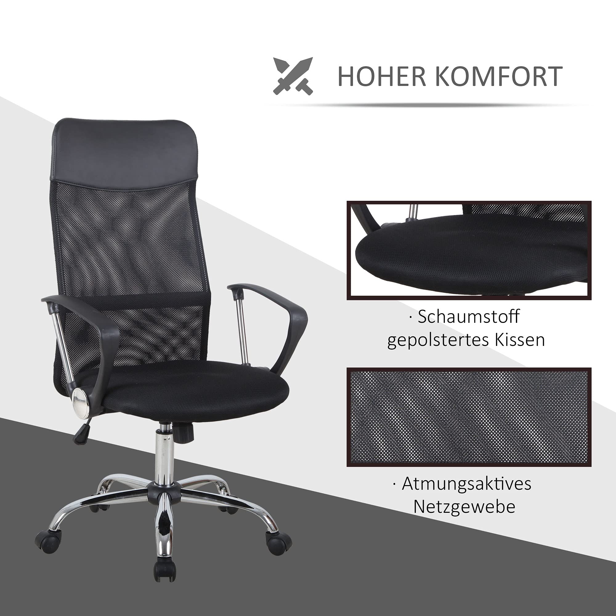 HOMCOM Bürostuhl Ergonomischer Schreibtischstuhl mit Armlehne Schwarz | Hohe Rückenlehne, Höhenverstellbarer Drehstuhl mit Wippfunktion, Netzbespannung, Computerstuhl