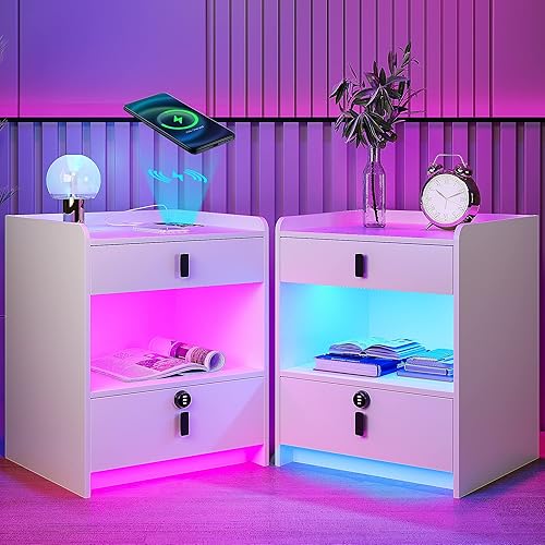 Dystler Mesita de noche 2 piezas juego de 2 con estación de carga inalámbrica y puerto USB RGB Phantom Color 20 luces LED de color inteligente con