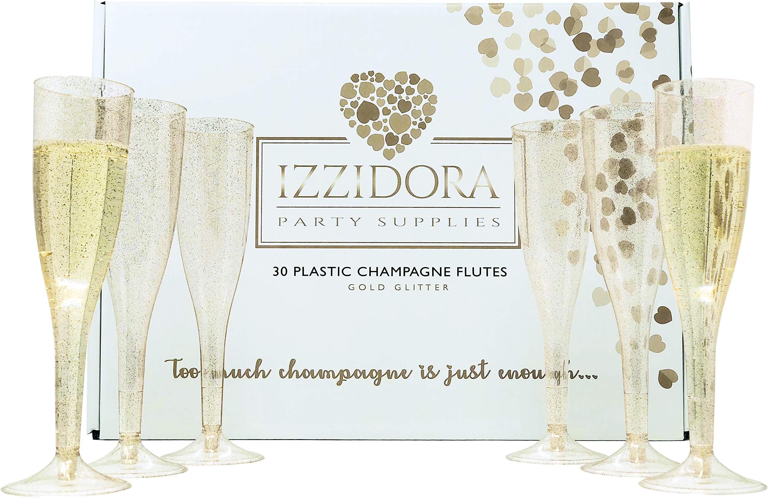 30 Premium GOLD Glitter Plastic Champagne Flutes 6.5 oz Tall Elegant Wedding Party Toasting Glasses +Bonus Bubbly Bar Sign -Clear Glass like Classicware cups Soda Mimosas Wine Cocktail parties