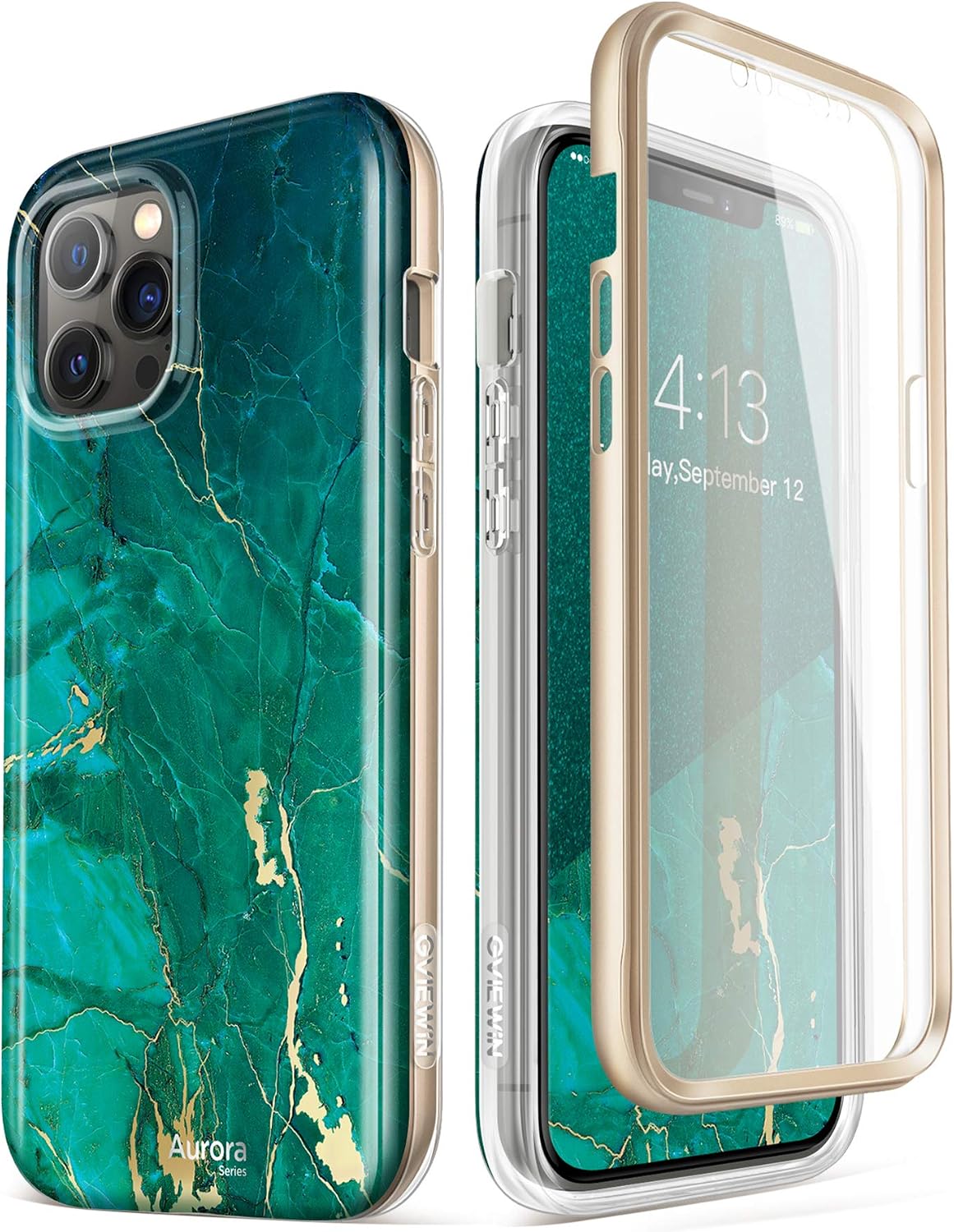 GVIEWIN Compatible with iPhone 12 Pro Max Case 6.7 inch 2020, Women Marble Shockproof Cover with Full-Body Protection, [Built-in Screen Protector] for iPhone 12 Pro Max Phone Case (Green/Gold)