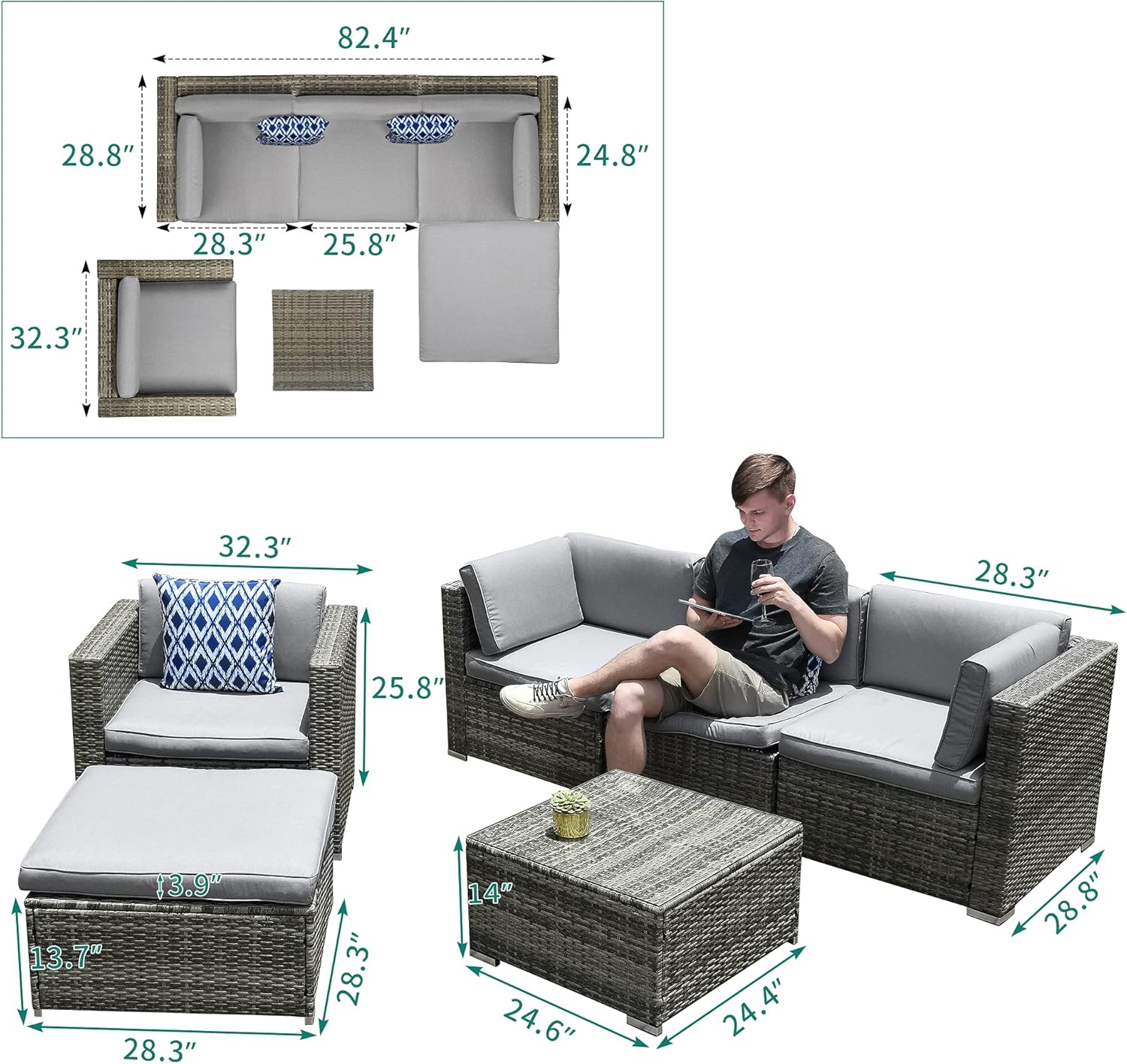 YITAHOME 6 Pieces Outdoor Conversation Set Patio Furniture Manual Weaving Wicker Outside Sectional Sofa PE Rattan Couch with Ottoman, Table and Cushions for Porch Lawn Garden Backyard, Gray : Patio, Lawn & Garden