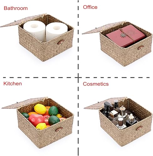 Miniatura 7 de Hipiwe Cestas de mimbre con tapa, cesta de almacenamiento tejida a mano, contenedor cuadrado multiusos para el hogar, cajas para estantes y