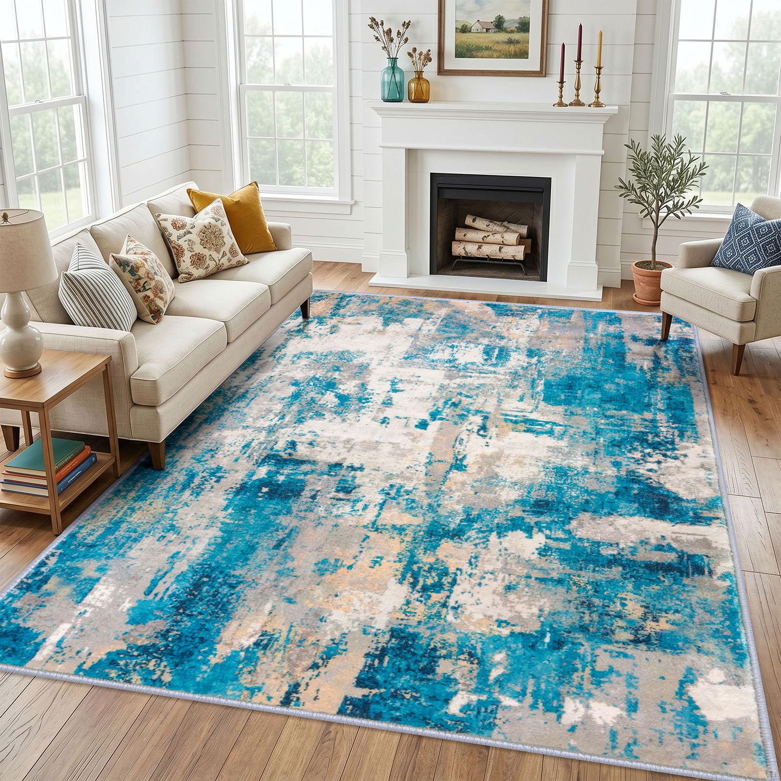 KOZYFLY Living Room Area Rug 8x10 Washable Large Rugs Turquoise/Beige/Grey — image 1