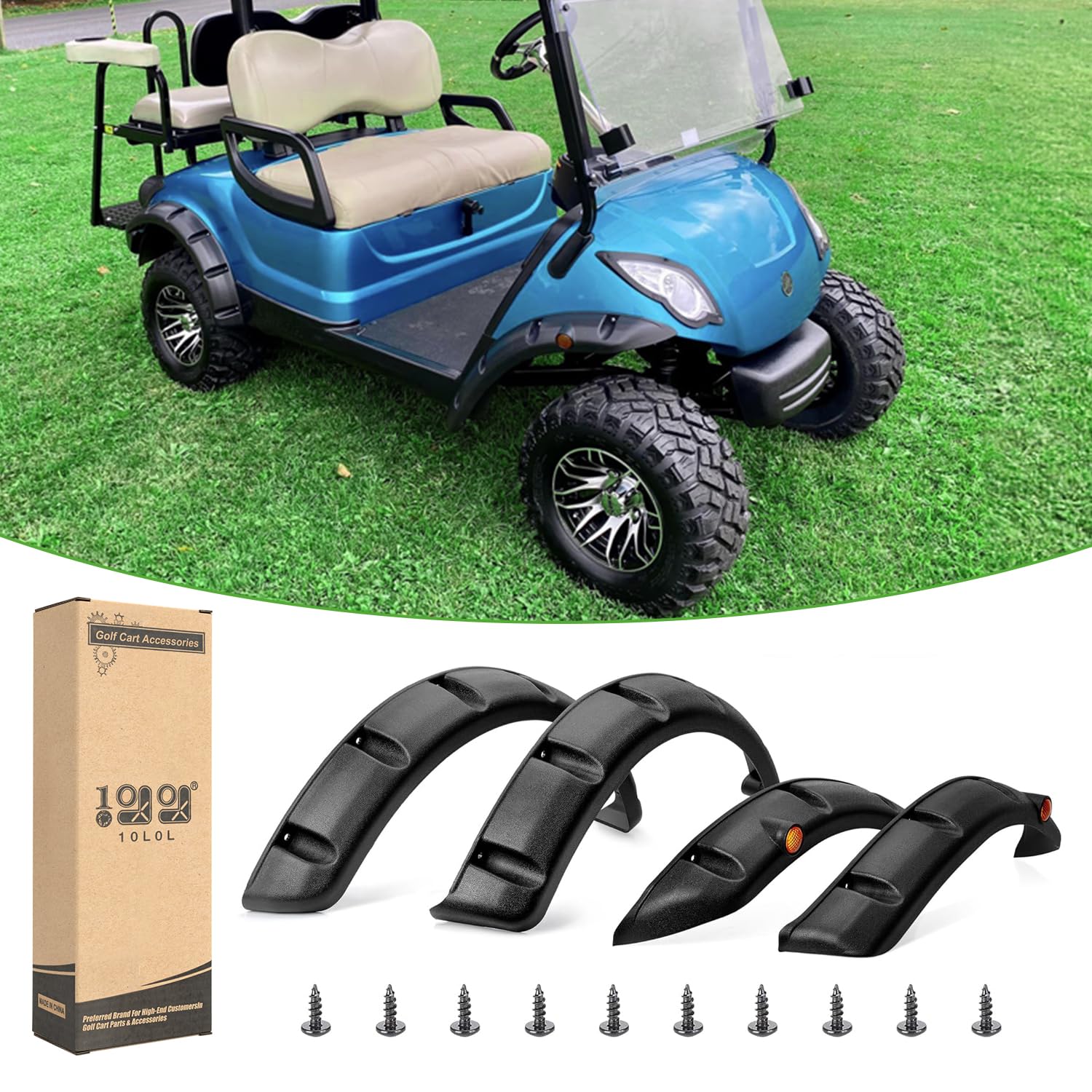 10l0l 4pcs golf cart fender flares for yamaha g29, ezgo txt/rxv, club car ds/precedent - heavy duty abs plastic mud guards with reflectors & stainless steel hardware