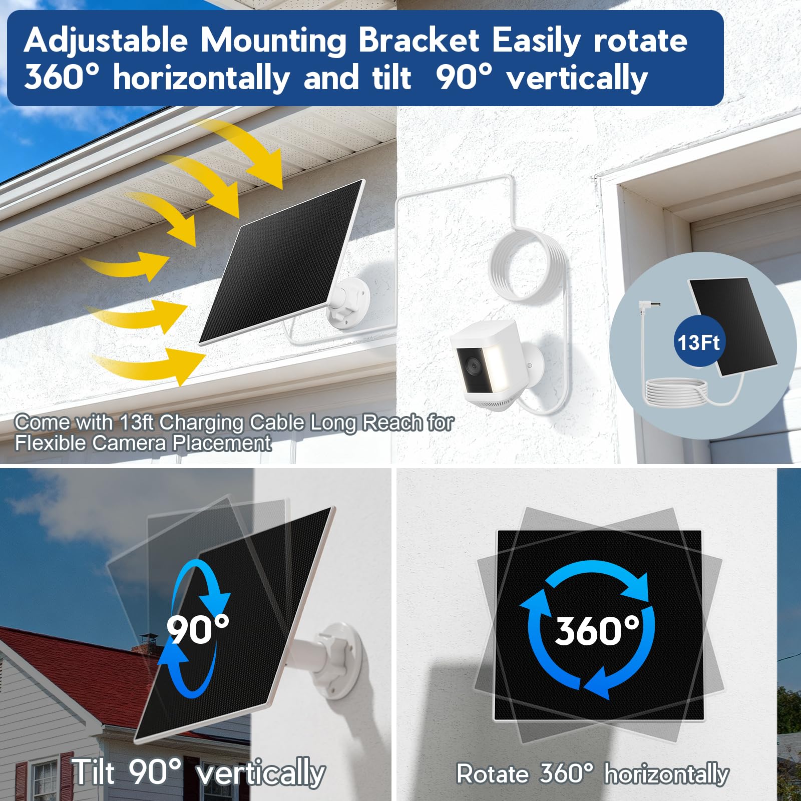 Panel Solar para Cámaras Ring, Panel Solar 3 W con batería Integrada 4000mAh compatible con Ring Spotlight Cam/Pro/Plus Battery y Stick Up Cam/Pro Battery, Incluye Cable 4 m - 2 pack