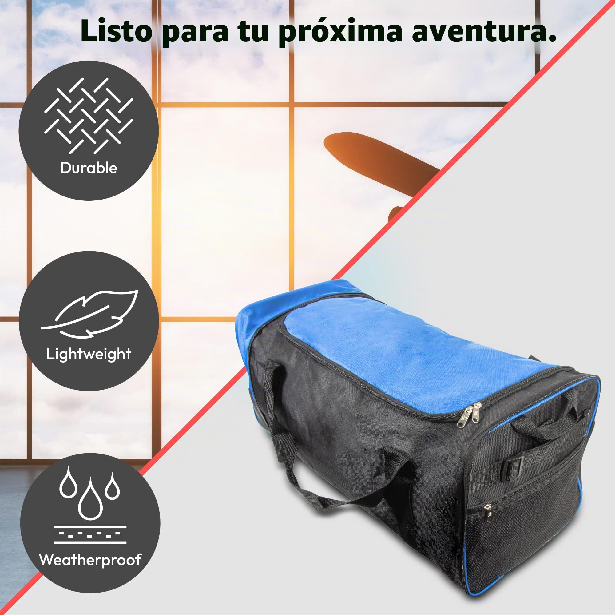 iN Bolsa de equipaje plegable de viaje con ruedas de plástico. Úsalo como maleta o mochila ligera. Ideal para viajes, kit deportivo y equipo., negro/azul, 32 x 30 x 10 cm, Bolsa grande con ruedas