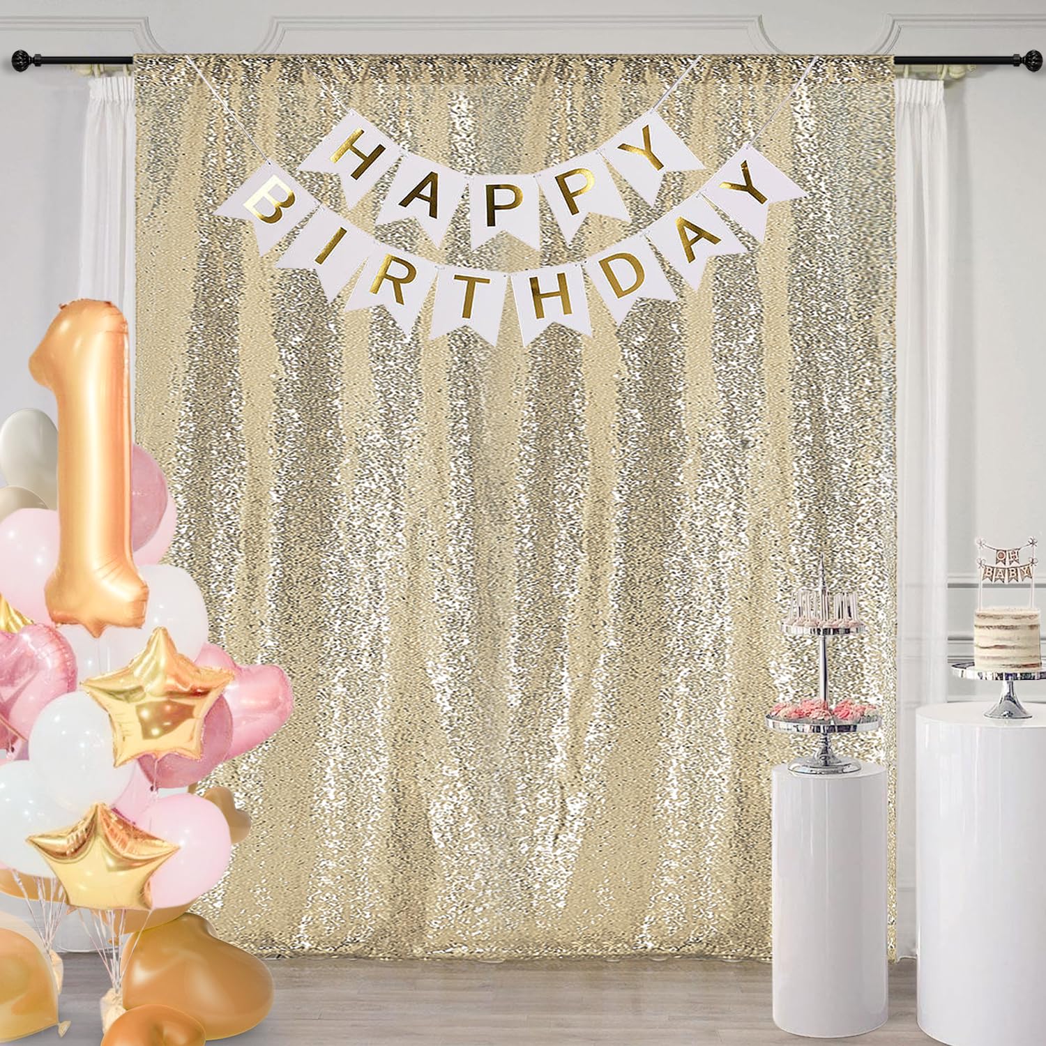 10×10FT Champagne Sequin Backdrop Curtain, Photography Backdrop Glitter Curtains Fabric Background for Wedding Party Decor