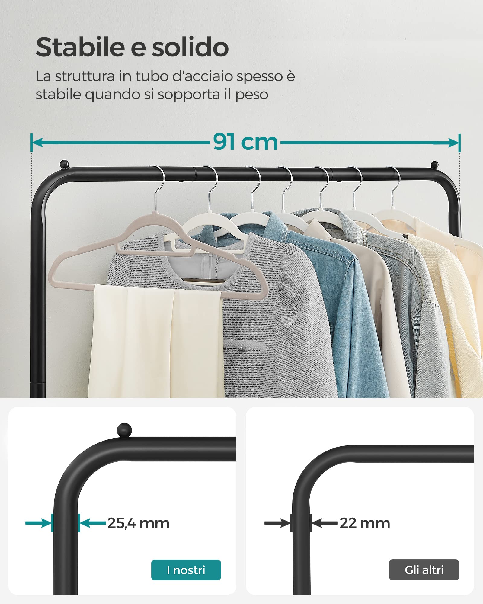 SONGMICS Stand Appendiabiti in Metallo, Attaccapanni con Ruote, Ripiano Portaoggetti, Barra Regge fino a 40 kg, Nero HSR25BK