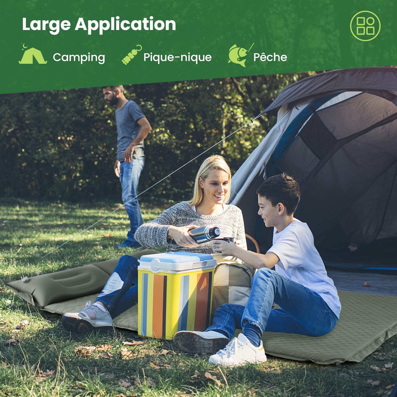 COSTWAY Matelas de Camping Autogonflant 2 Personnes avec 2 Oreillers 187 x 131 x 4 CM et Sac Portable Surface Imperméable en PVC pour Camping/Randonnées/Voyages (Vert)