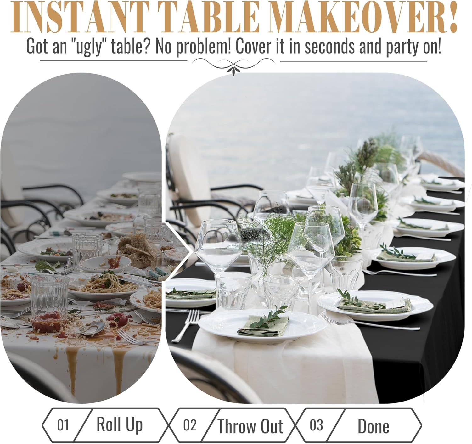 Plastic Table Cloth Disposable, 54In X 300Feet Black Table Cover Roll, Disposable Tablecloth with Slide Cutter for Rectangle Round Tables, Party Tablecloths for Birthday, Wedding, Picnic, Outdoor - Image 3