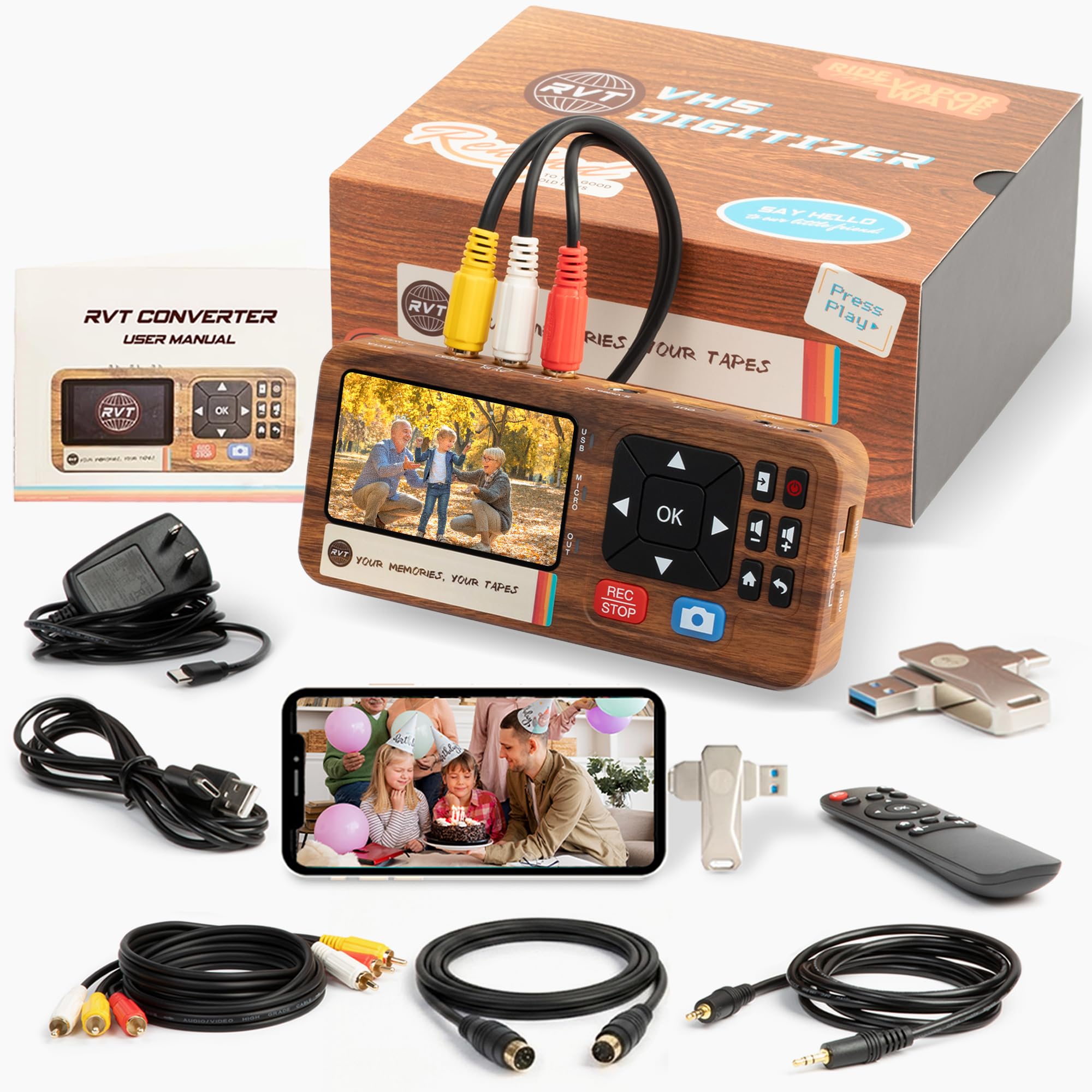RVT Digitizer 3.0 – VHS-zu-Digital-Konverter | Konvertiert VHS sofort in Telefon und TV | funktioniert mit iPhone & Android USB-C | kein Computer erforderlich | inklusive 32 GB USB, Bildschirm