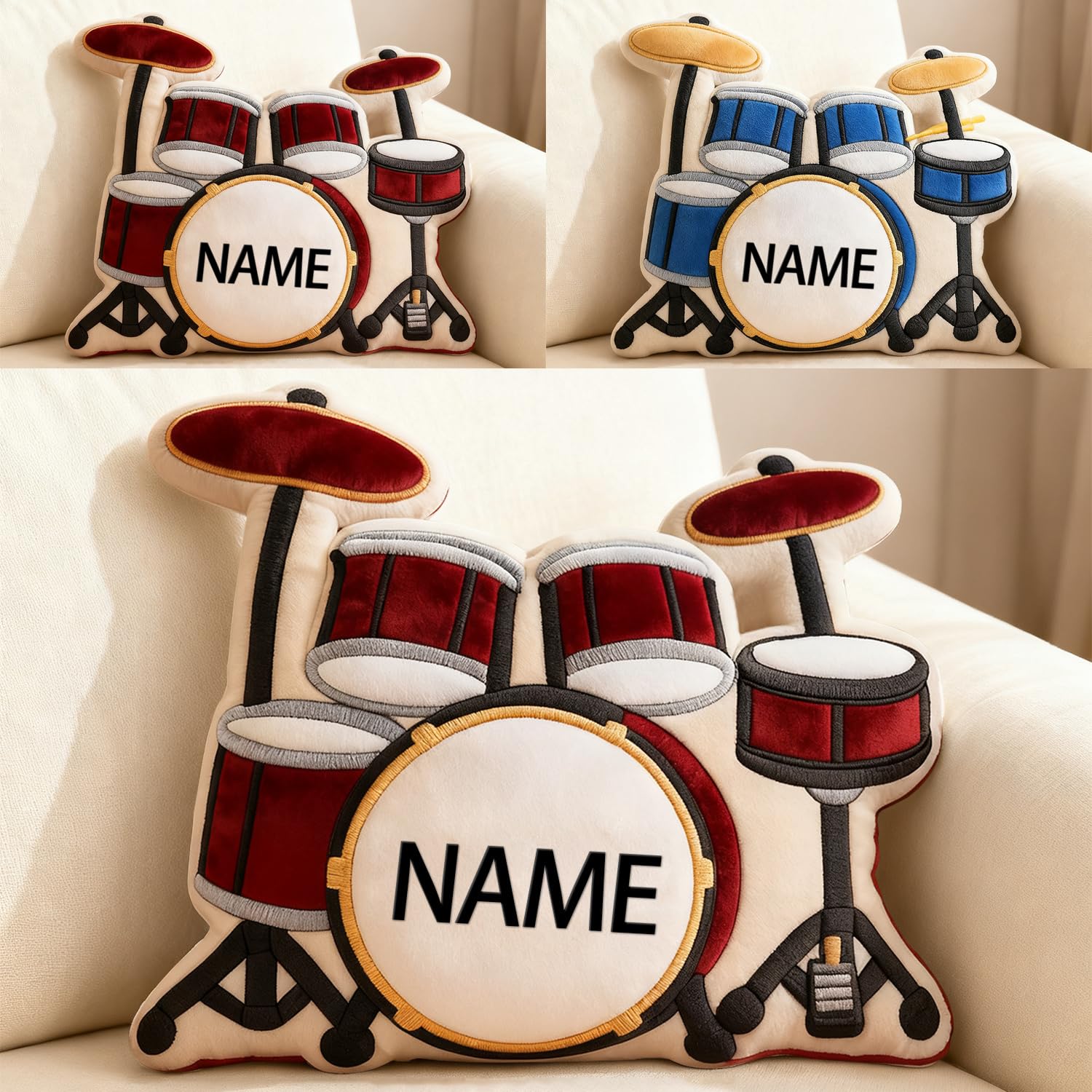 XIAO.Z Personalized Drum Set Shaped Themed Pillow Music Lover Drummers Gifts, Custom Name 2D Printed Musical Instrument Drum Set Throw Pillow Sofa Decorative Cushion Stuffed Pillows