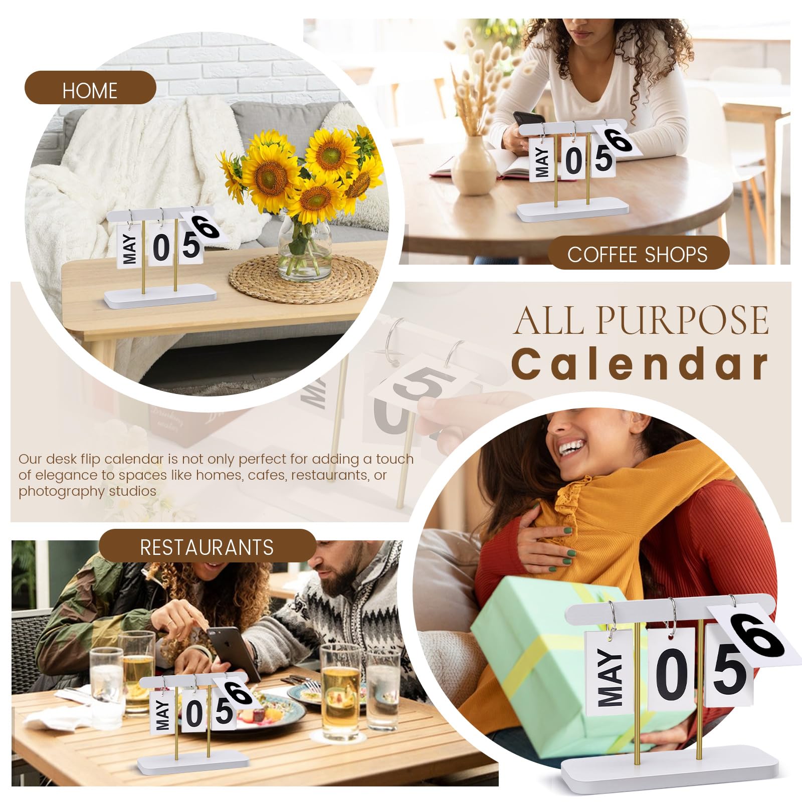 Calendario perpetuo in legno e metallo, riutilizzabile, in legno, per conto alla rovescia, accessorio da scrivania per ufficio, casa, classe, decorazione da esposizione (bianco)