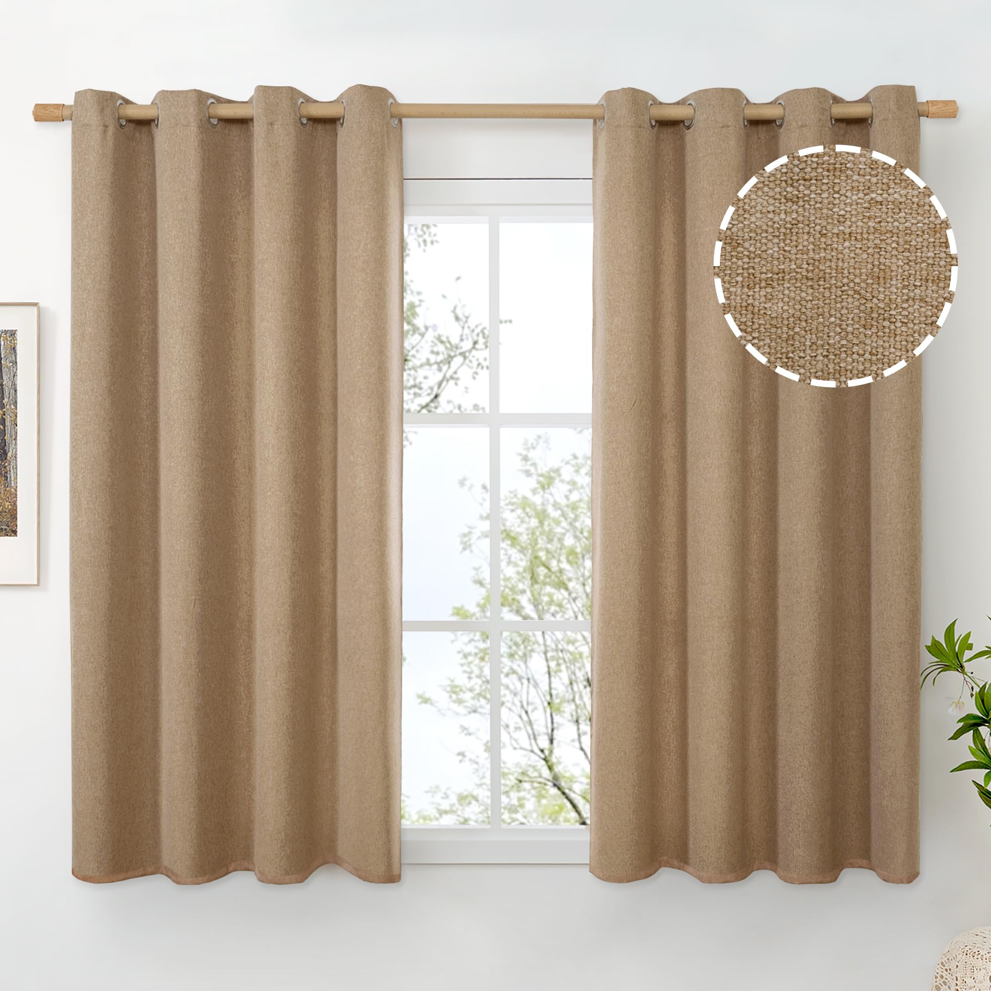 BGment Short Burlap Linen Curtains 45 Inch Length for Windows, Camel Light Filtering Drapes with Grommet No See Through Privacy for Bedroom Farmhouse, 2 Panels Set, Each 52 Inch Wide