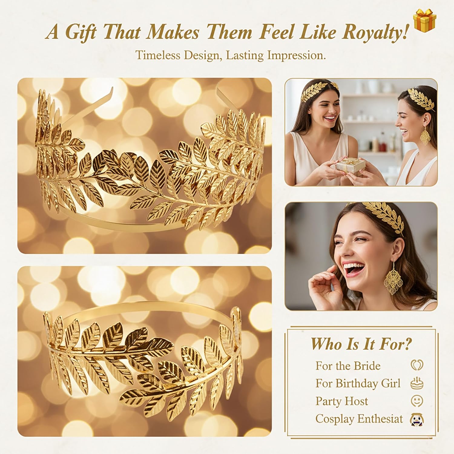 5 Pcs Greek Roman Goddess Jewelry Set, Gold Laurel Leaf Headpiece, Leaf Arm Cuff, Coil Bracelet, Leaf Dangle Earrings for Bridal Wedding, Halloween Festival, Toga Party Cosplay - Image 7