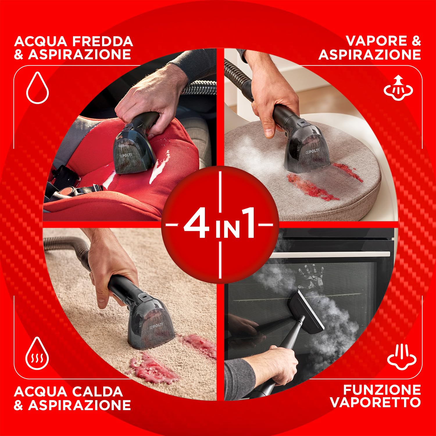 Polti StainOver SC20, Lavatappeti a Vapore 4 in 1 per Rimuovere le Macchie, con Funzione Vaporetto, Tecnologia SteamActive, Ideale per chi ha Animali, 9 accessori inclusi, Grigio