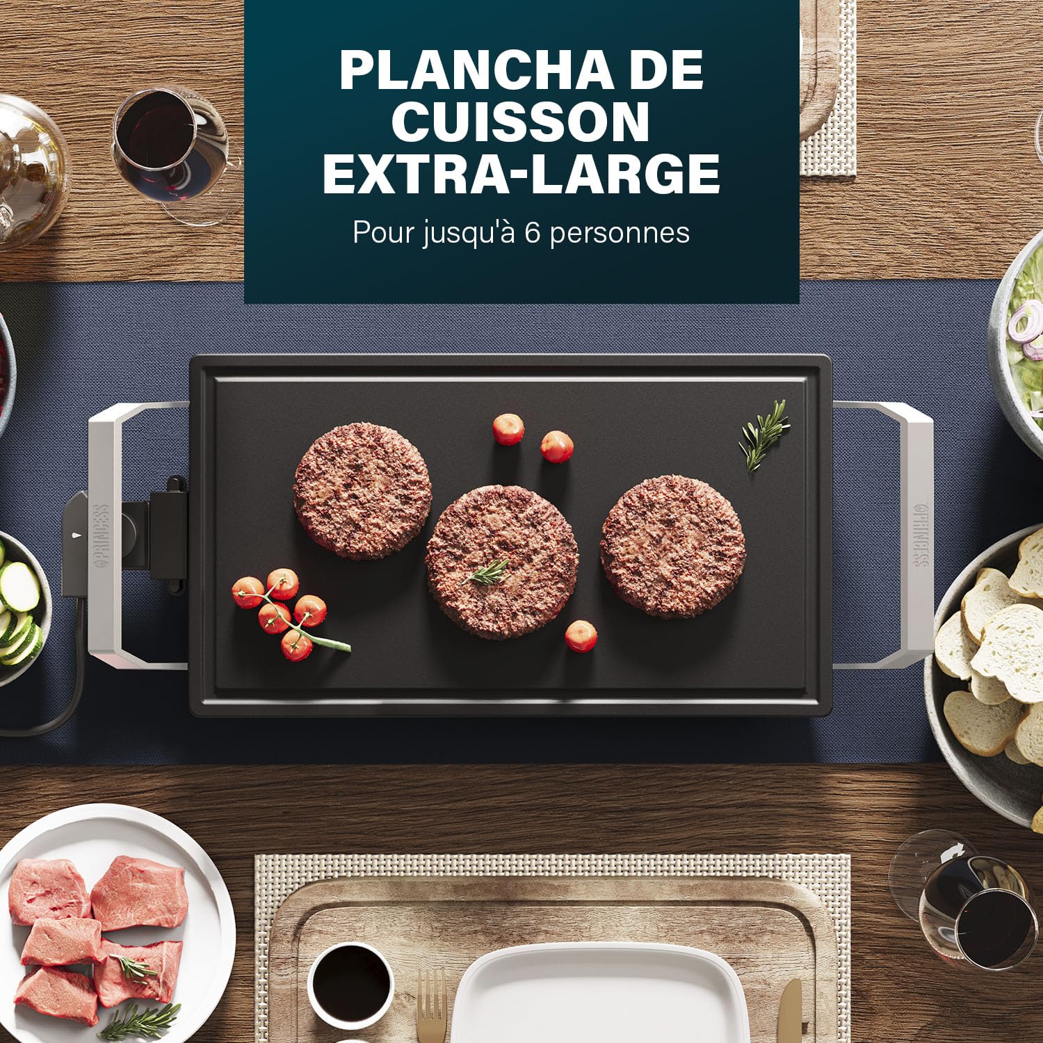 Princess Table Chef Premium Gril en pierre – Grande surface de cuisson de 46 x 26 cm – Plaque de grill en céramique – Sans PFAS – Thermostat réglable – Incl. 4 spatules en bois – 103150