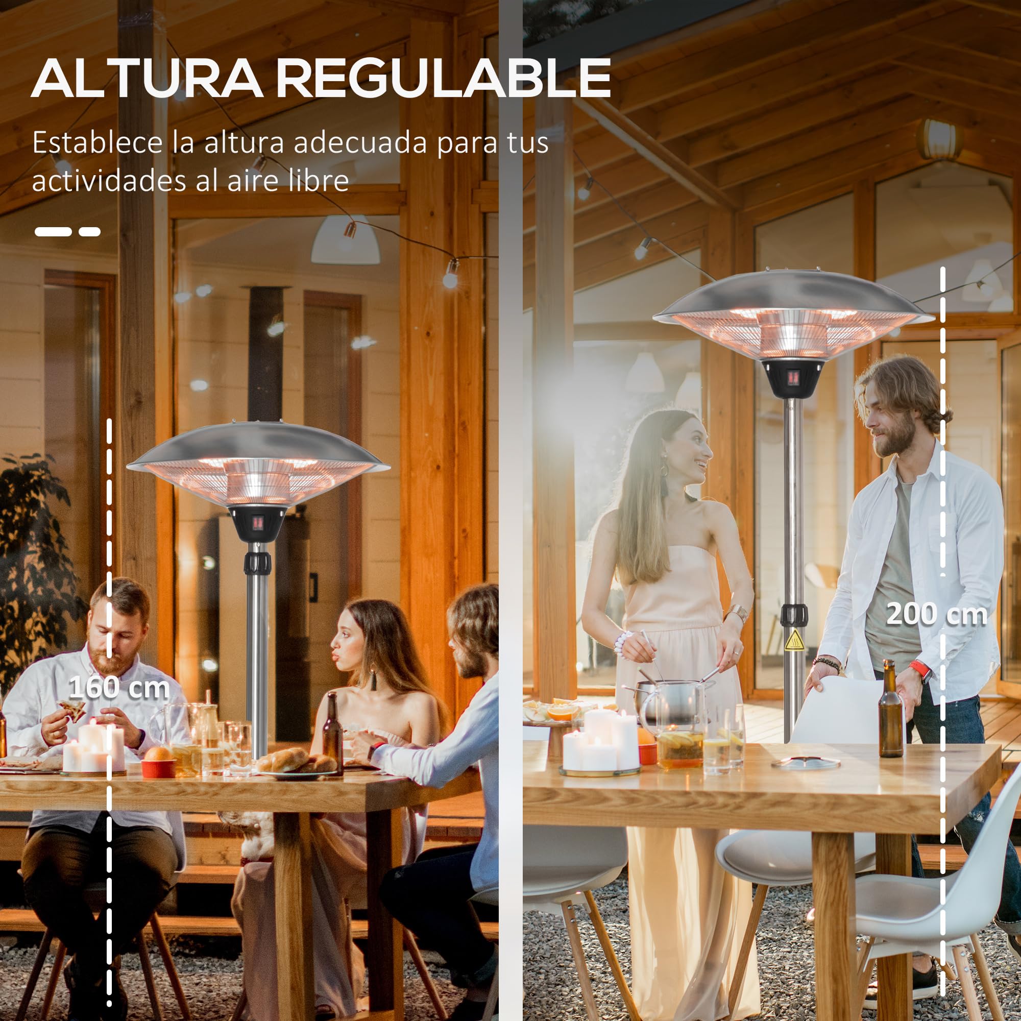 Outsunny Calefactor de Pie de Exterior 1200/1800/3000W Estufa de Infrarrojos con 3 Niveles de Calor Altura Ajustable Protección IP44 para Terraza Patio Aluminio Acero Inoxidable 12,5 m² Plata