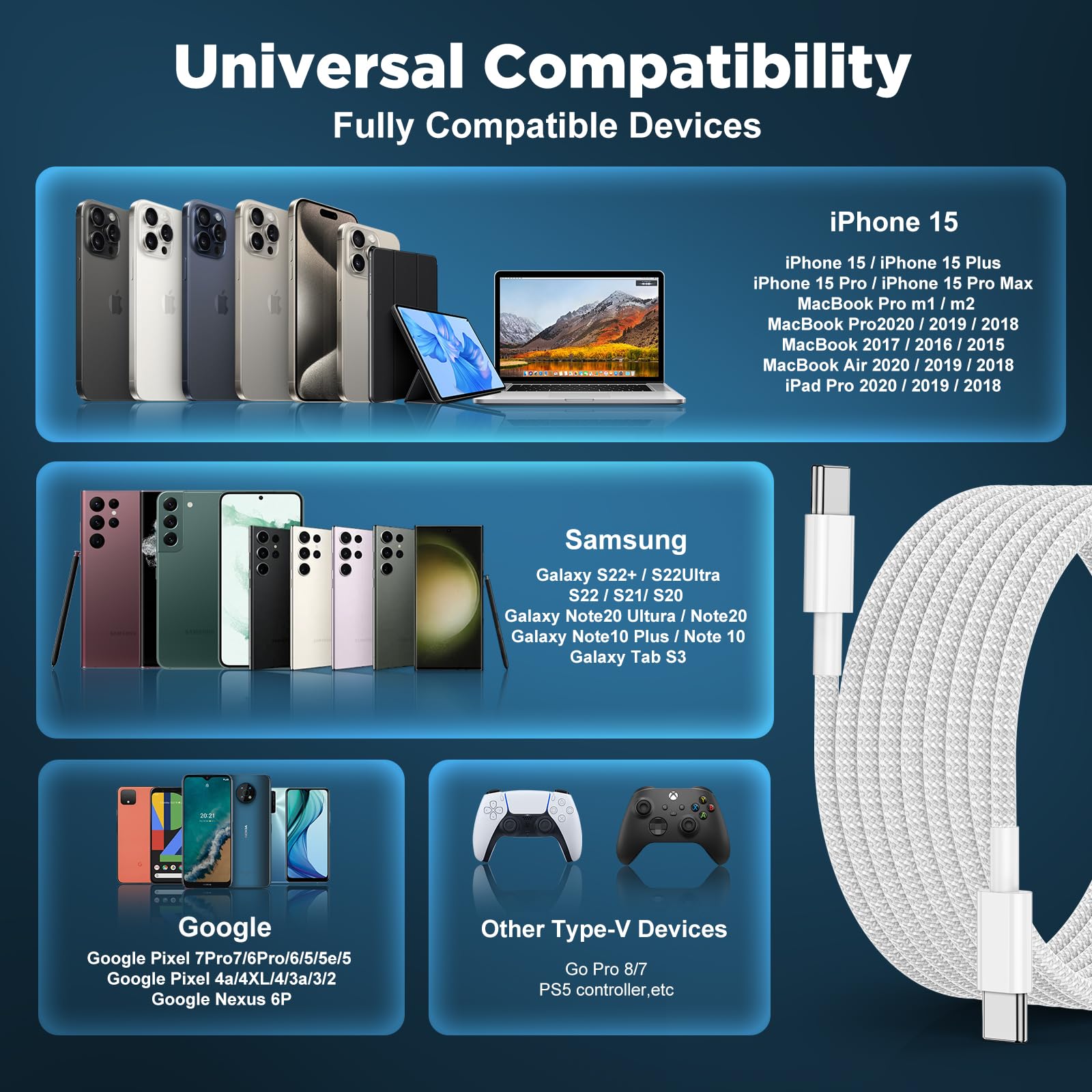 UCALMA Cable USB C a USB C [6 pies x 2 + 10 pies] 2 unidades de 60 W, cable de carga larga USB C tipo C a tipo C, cable de carga rápida para Apple iPhone 15 Pro Max Plus/MacBook Air/iPad Mini