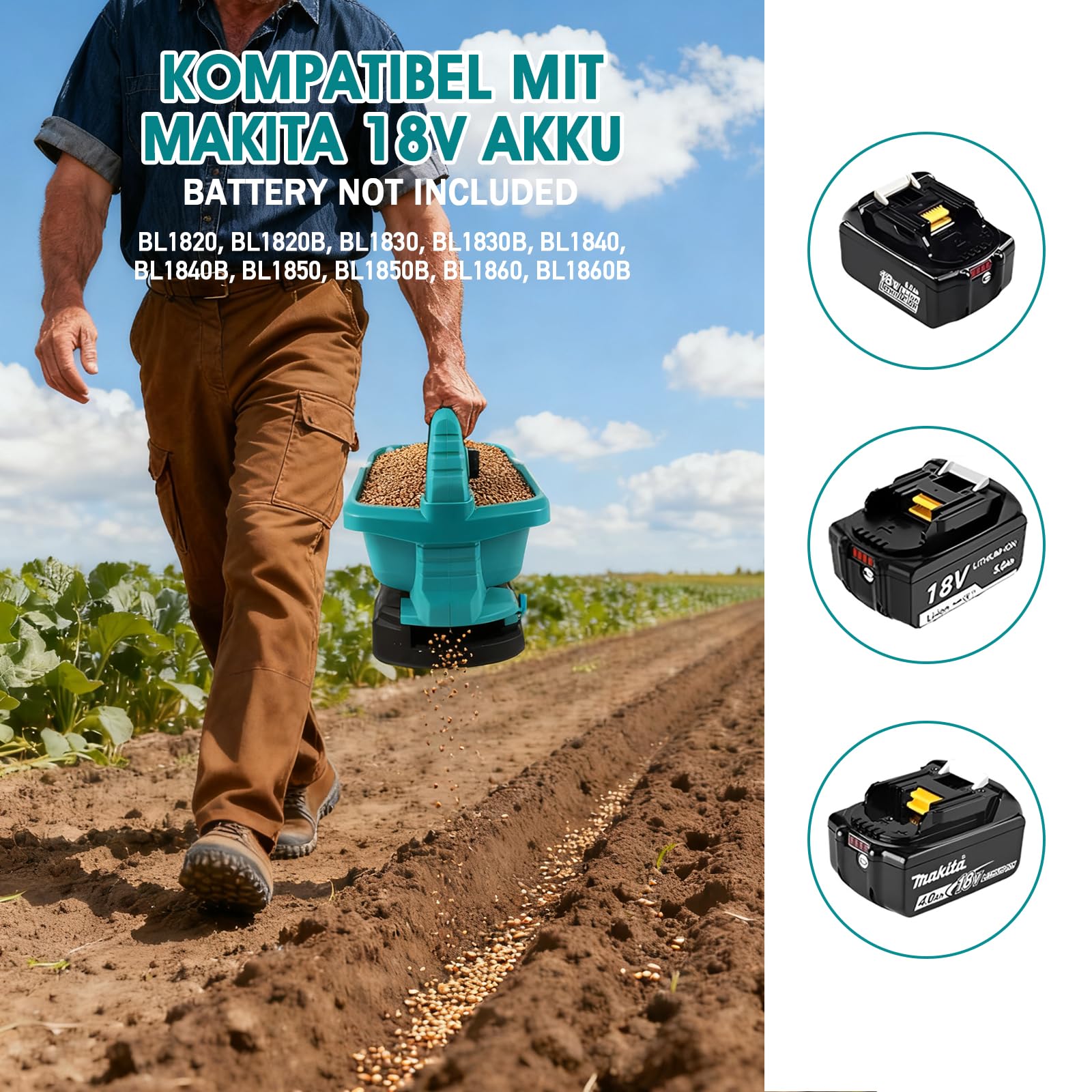 Bezprzewodowy rozrzutnik nasion for Makita 18V, elektryczny rozsiewacz ręczny 3,3L z 8 regulowanymi szerokościami rozproszenia i 6 poziomami przepływu, do nasion, nawozów i środków przeciw chwastom