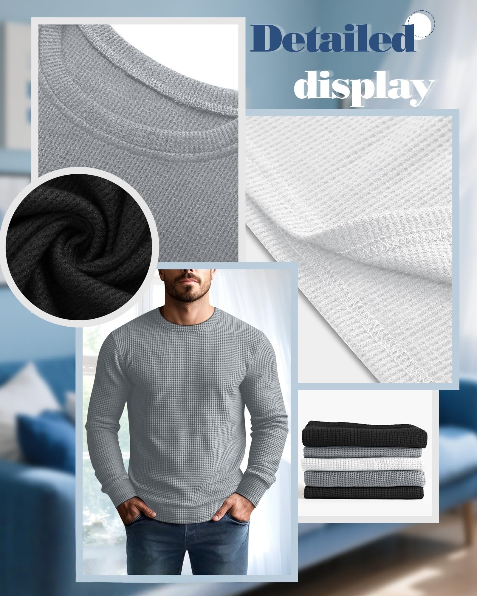 Camicie da uomo a maniche lunghe a nido d'ape, biancheria intima termica, girocollo, maglioni, pullover casual, top in maglia testurizzata strato di base