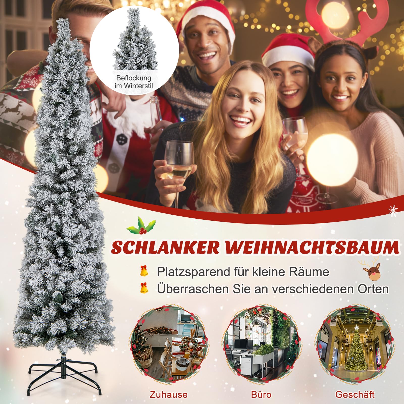 COSTWAY 180 cm Bleistift Weihnachtsbaum mit Schnee, Tannenbaum künstlich mit Beleuchtung, 150 LEDs in warmweiß, Christbaum schmal mit Metallständer, Kunstbaum Weihnachten PVC, Weiß