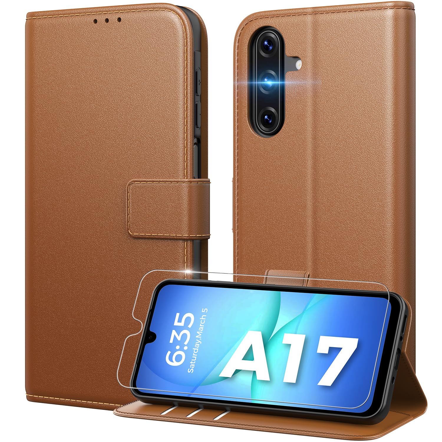 Peakally Handyhülle für Samsung Galaxy A17 5G Hülle [Mit 1 Stück Panzer Schutz Glas] [Premium PU Leder] [RFID-Blockierung] [Kartenfach] Klapphülle kompatibel mit Galaxy A17 5G / 4G - Braun