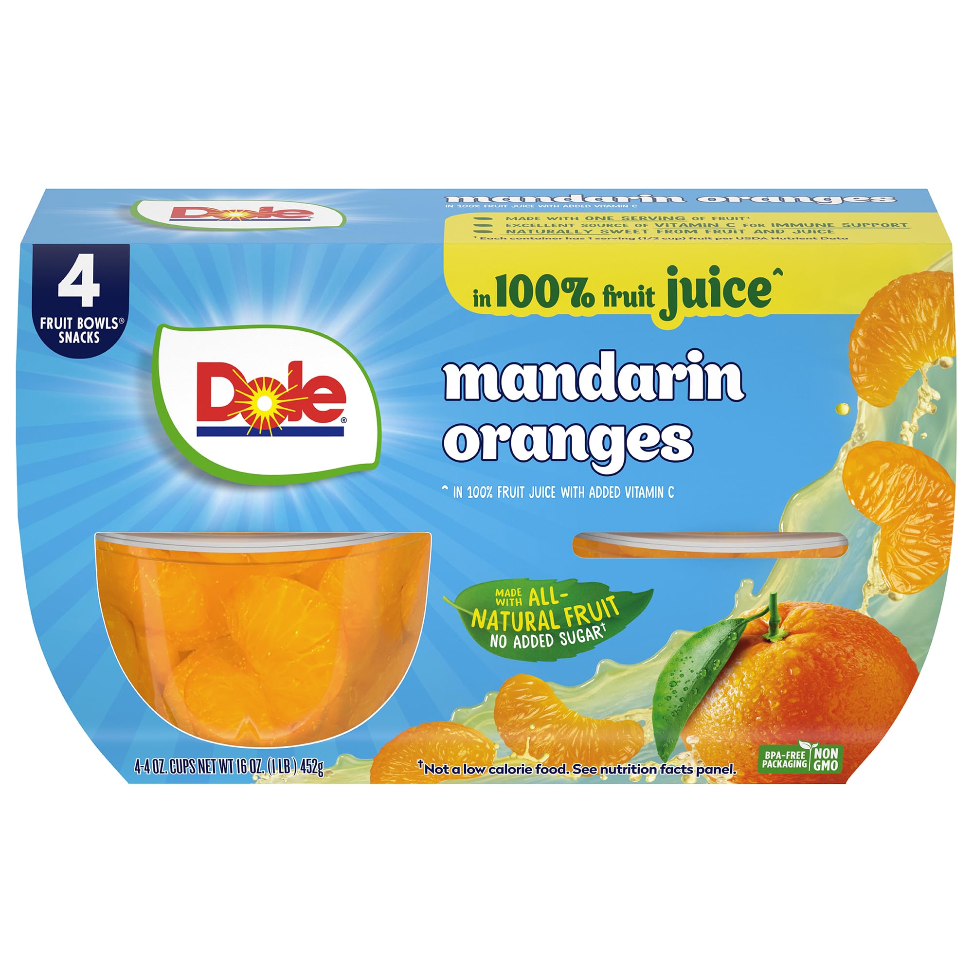 Dole Mandarin Oranges in 100% Juice - Dole Fruit Bowls Snacks - 4 oz Fruit Bowls - 4 Pack